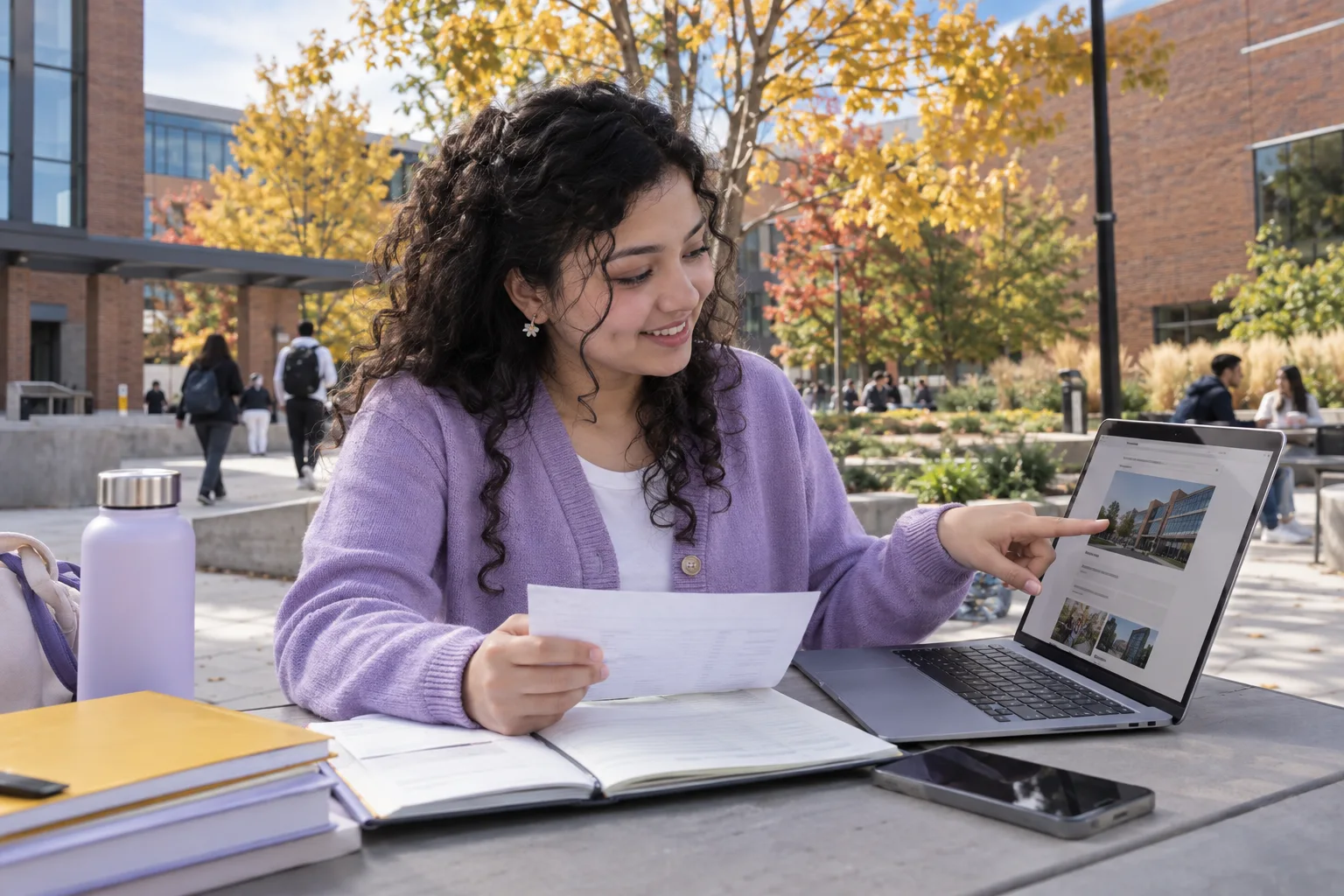 Young Nepali woman with curly hair comparing a personal study budget worksheet and university tuition information on a laptop for Canada study planning