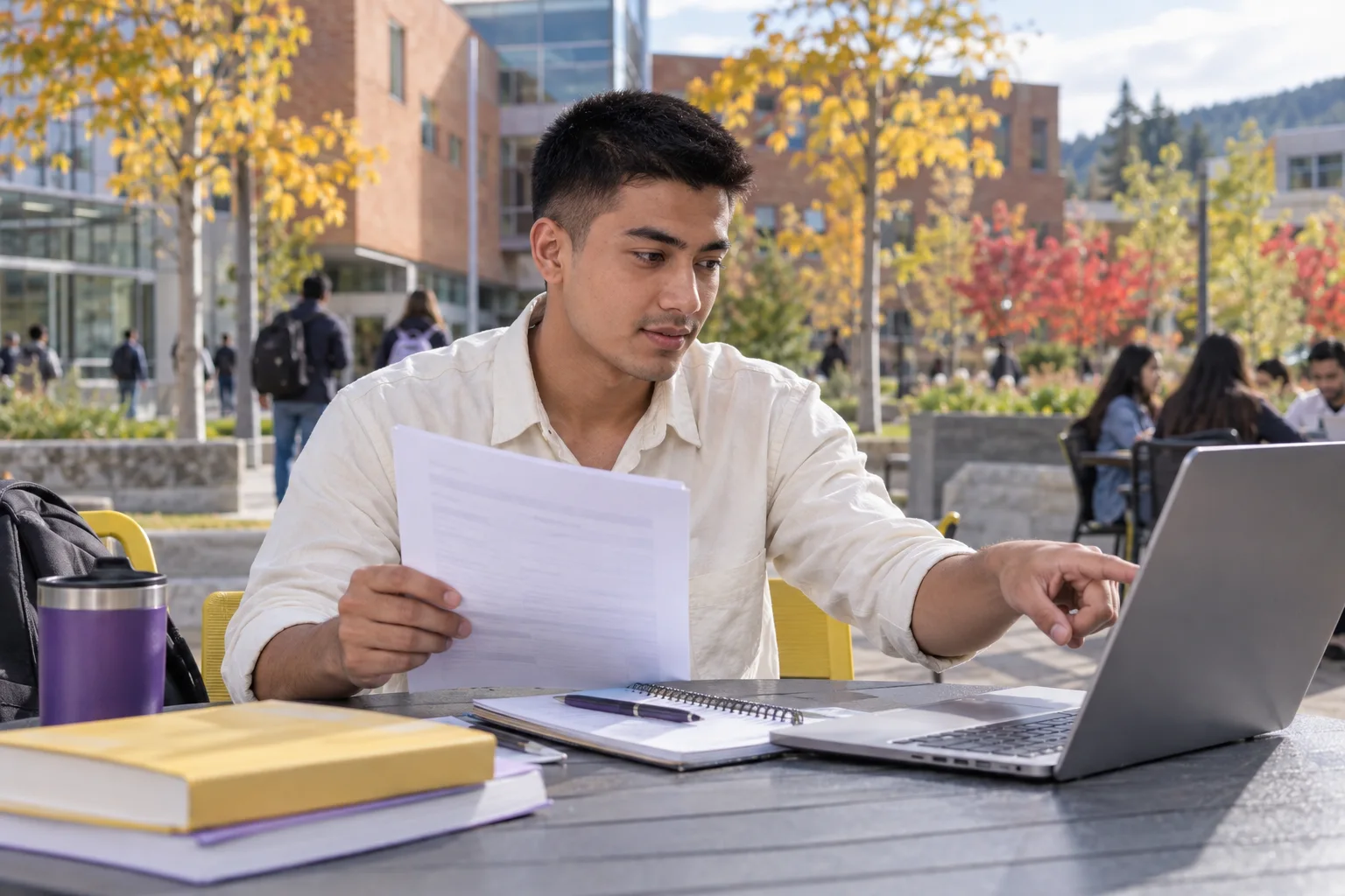 Young Nepali man with cropped hair comparing a personal study budget worksheet and university tuition information on a laptop for Canada study planning