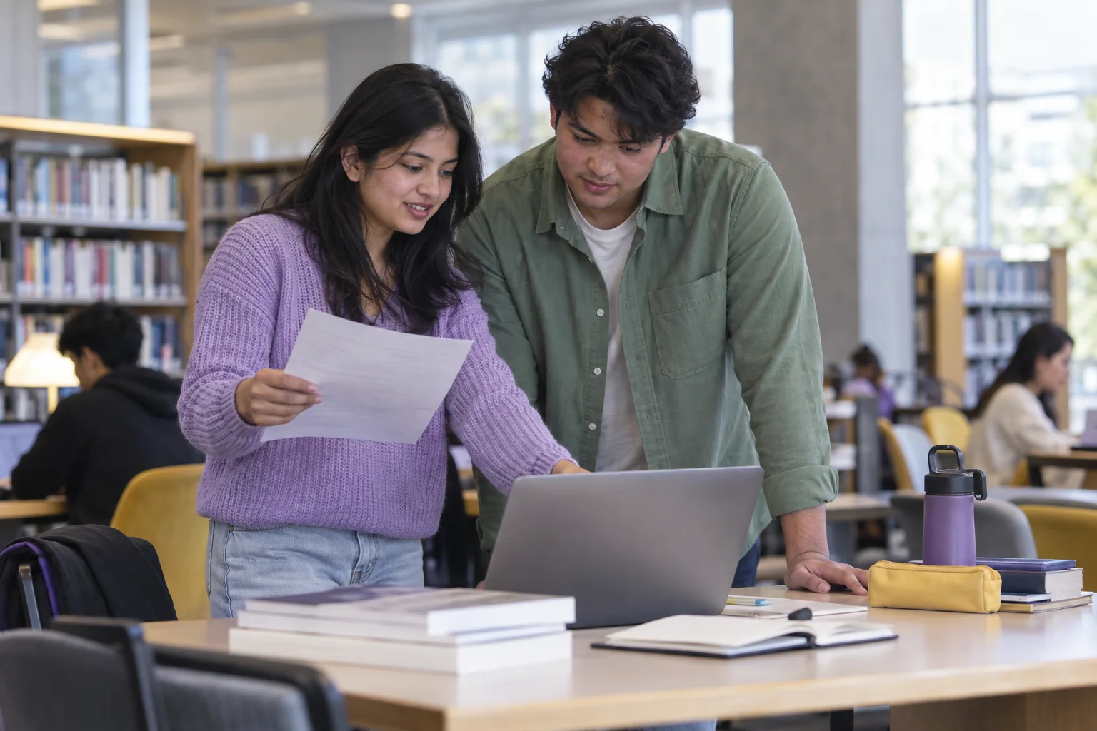 Two Nepali students, one woman and one man comparing a personal study budget worksheet and university tuition information on a laptop for Canada study planning