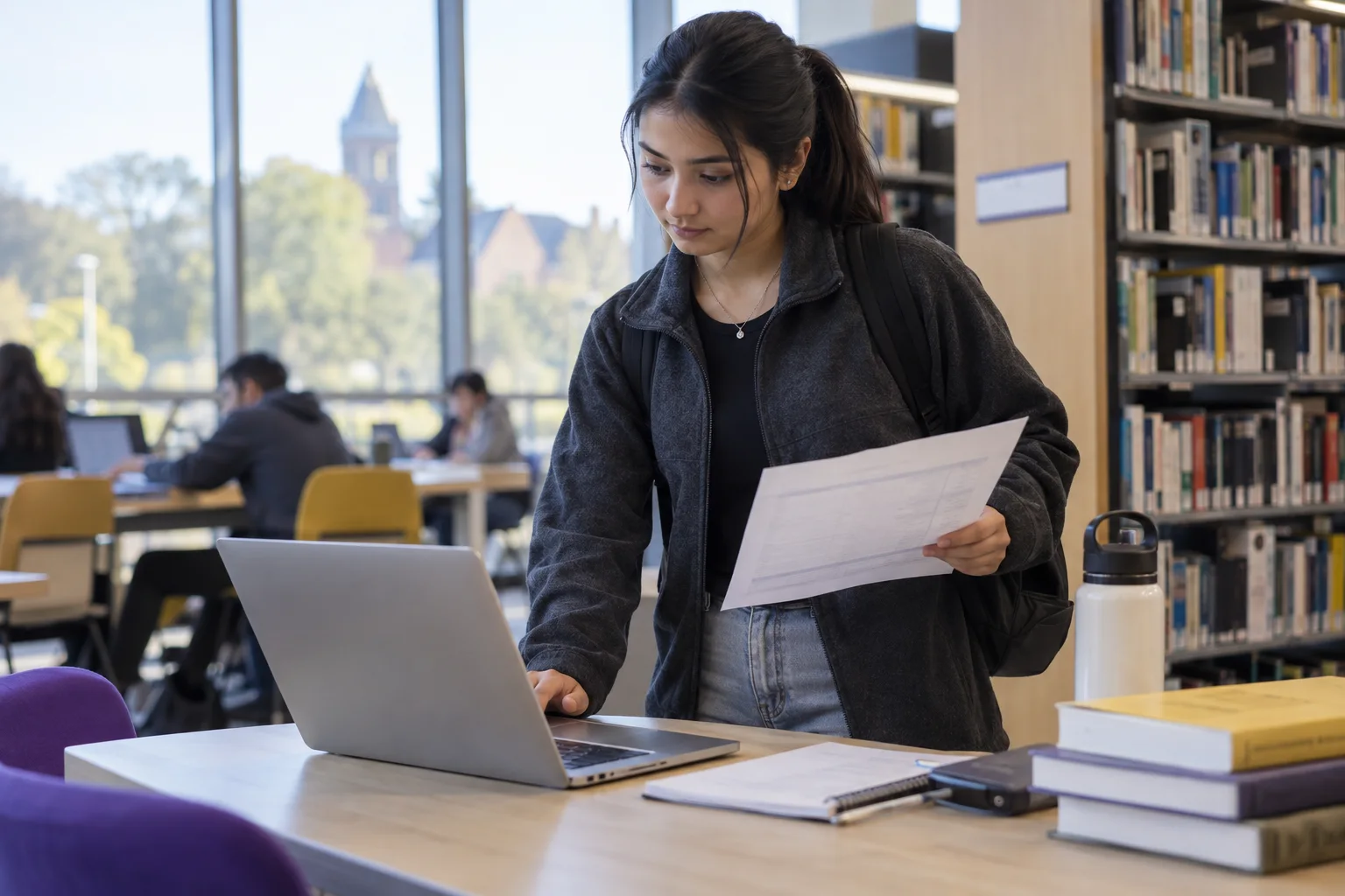 Young Nepali woman with tied-back hair comparing a personal study budget worksheet and university tuition information on a laptop for Canada study planning