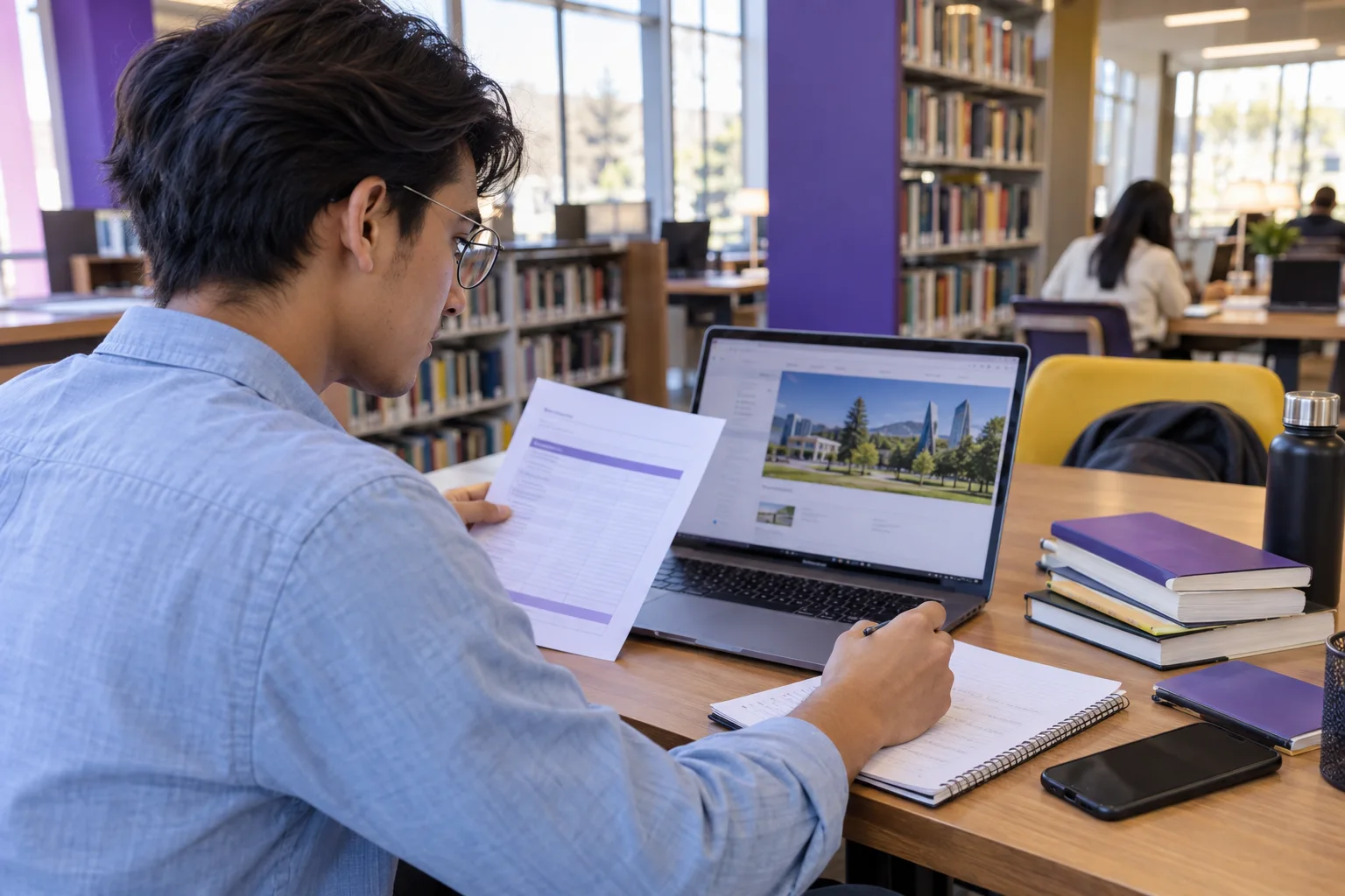 Young Nepali man with swept-back hair comparing a personal study budget worksheet and university tuition information on a laptop for Canada study planning