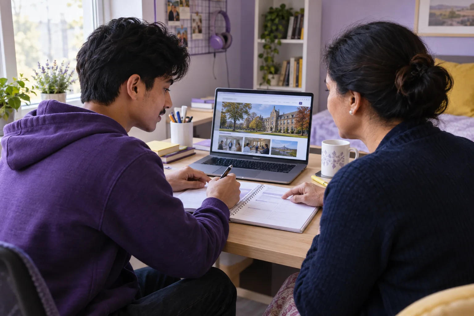 Nepali student discussing plans with a parent comparing a personal study budget worksheet and university tuition information on a laptop for Canada study planning