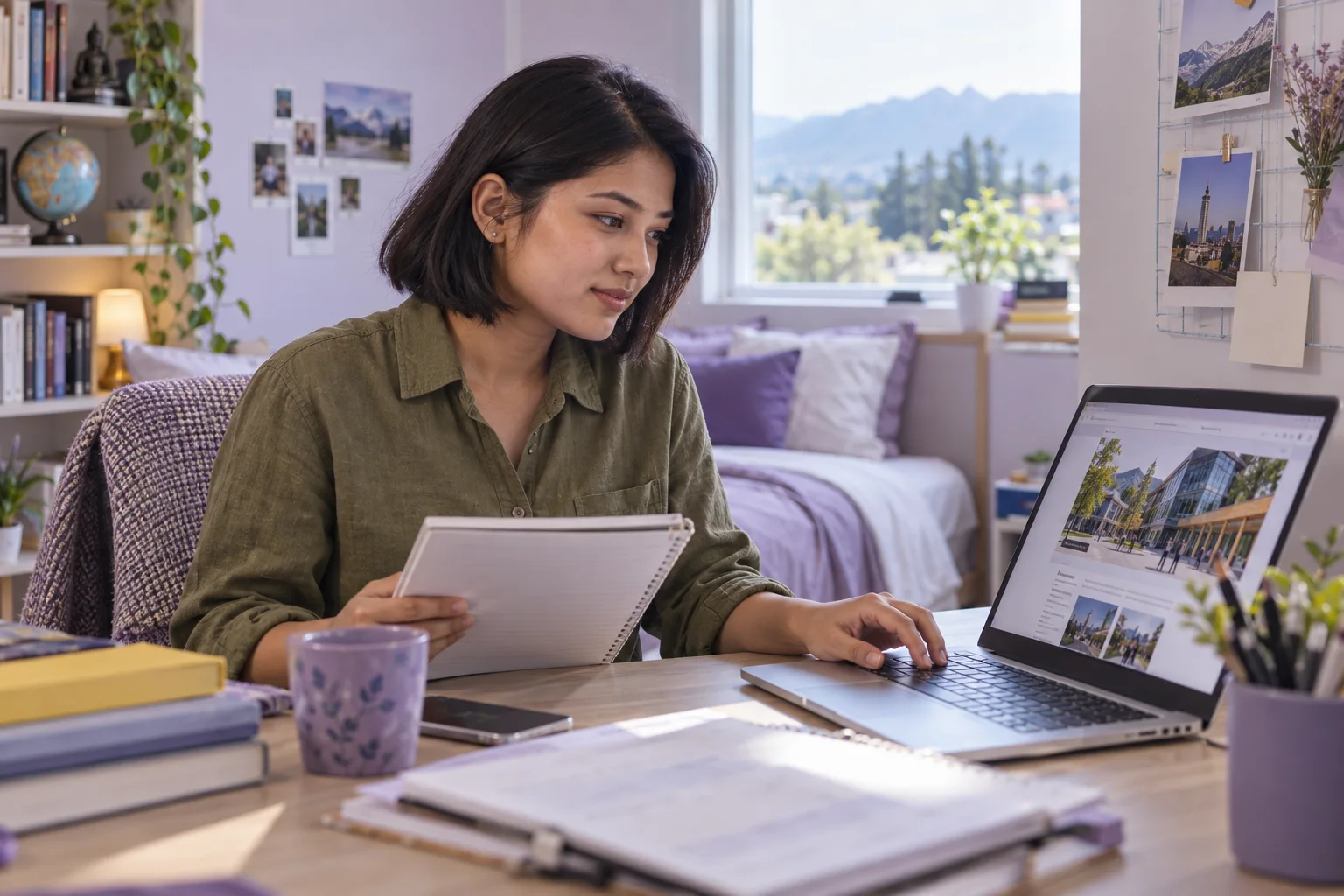 Young Nepali woman with a short bob comparing a personal study budget worksheet and university tuition information on a laptop for Canada study planning