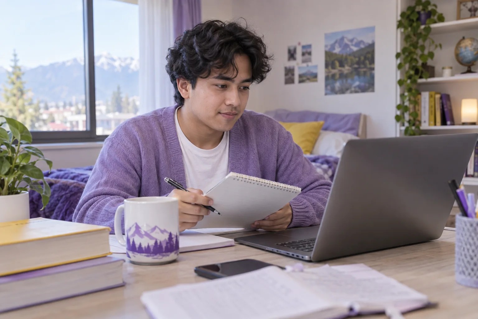 Young Nepali man with wavy hair comparing a personal study budget worksheet and university tuition information on a laptop for Canada study planning