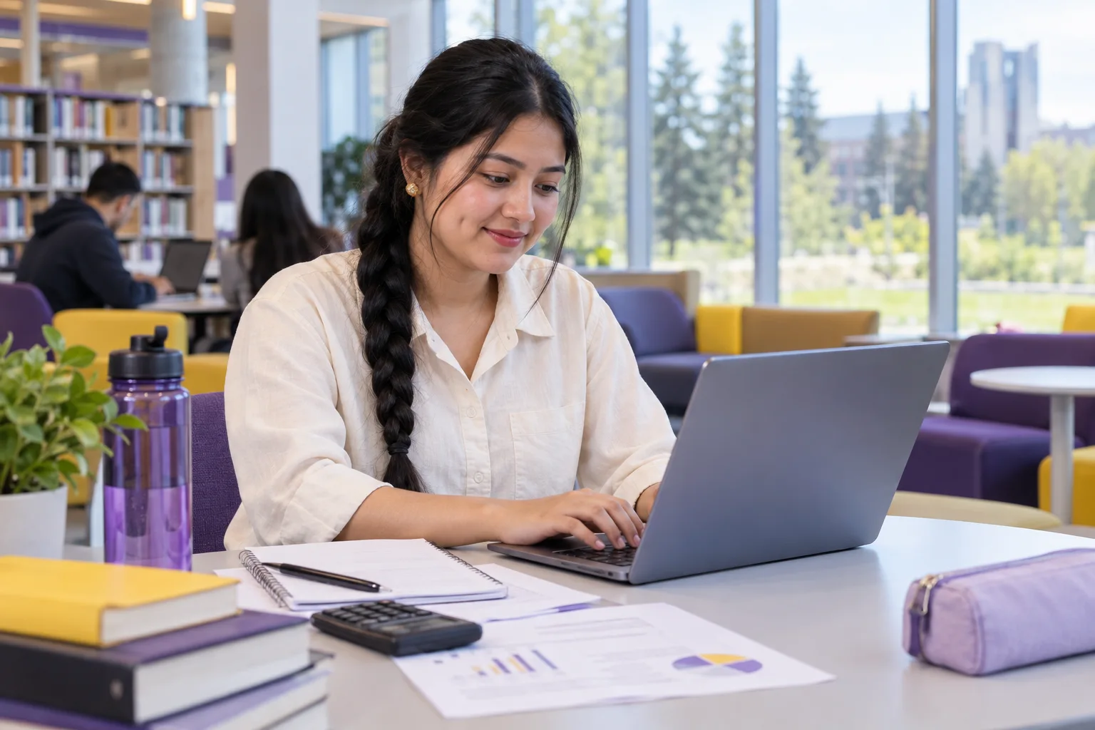Young Nepali woman with a long braid comparing a personal study budget worksheet and university tuition information on a laptop for Canada study planning