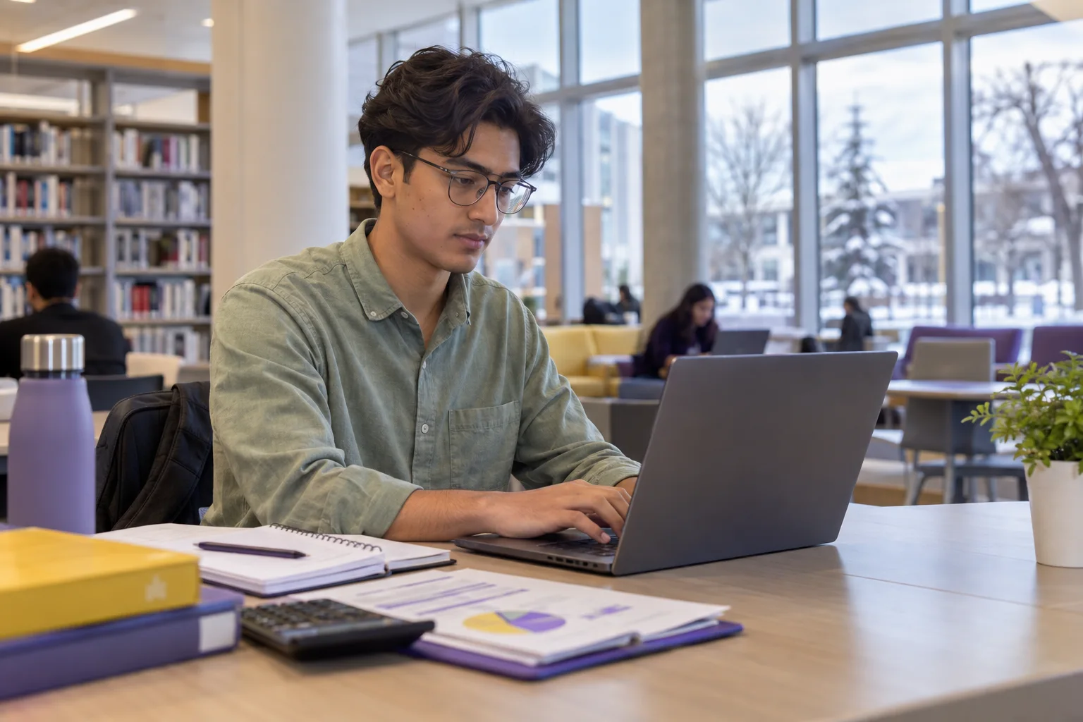 Young Nepali man with glasses comparing a personal study budget worksheet and university tuition information on a laptop for Canada study planning