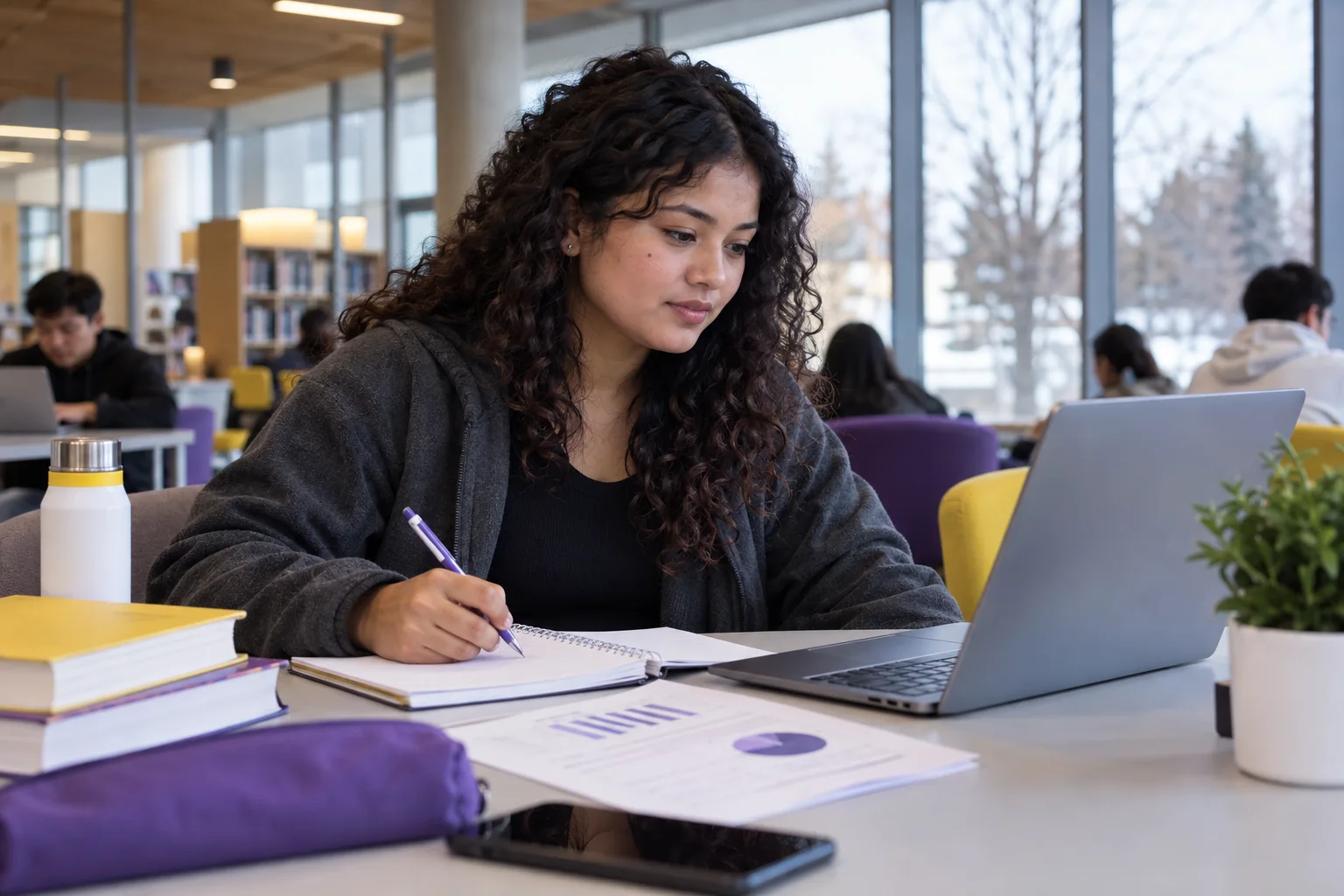 Young Nepali woman with curly hair comparing a personal study budget worksheet and university tuition information on a laptop for Canada study planning