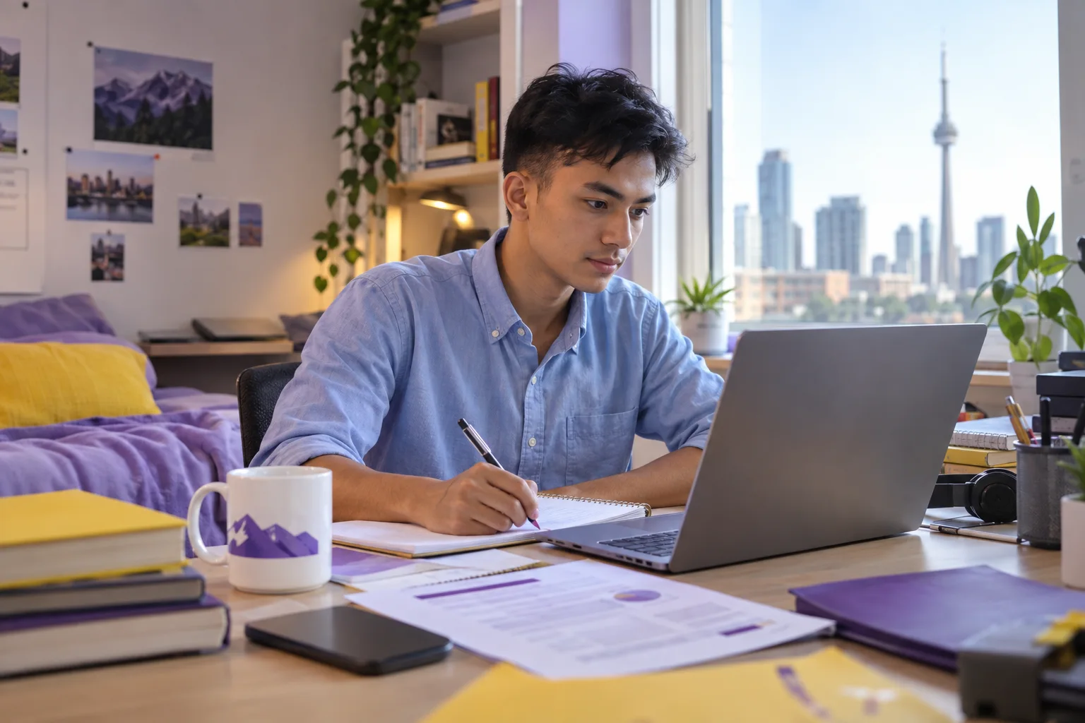 Young Nepali man with cropped hair comparing a personal study budget worksheet and university tuition information on a laptop for Canada study planning
