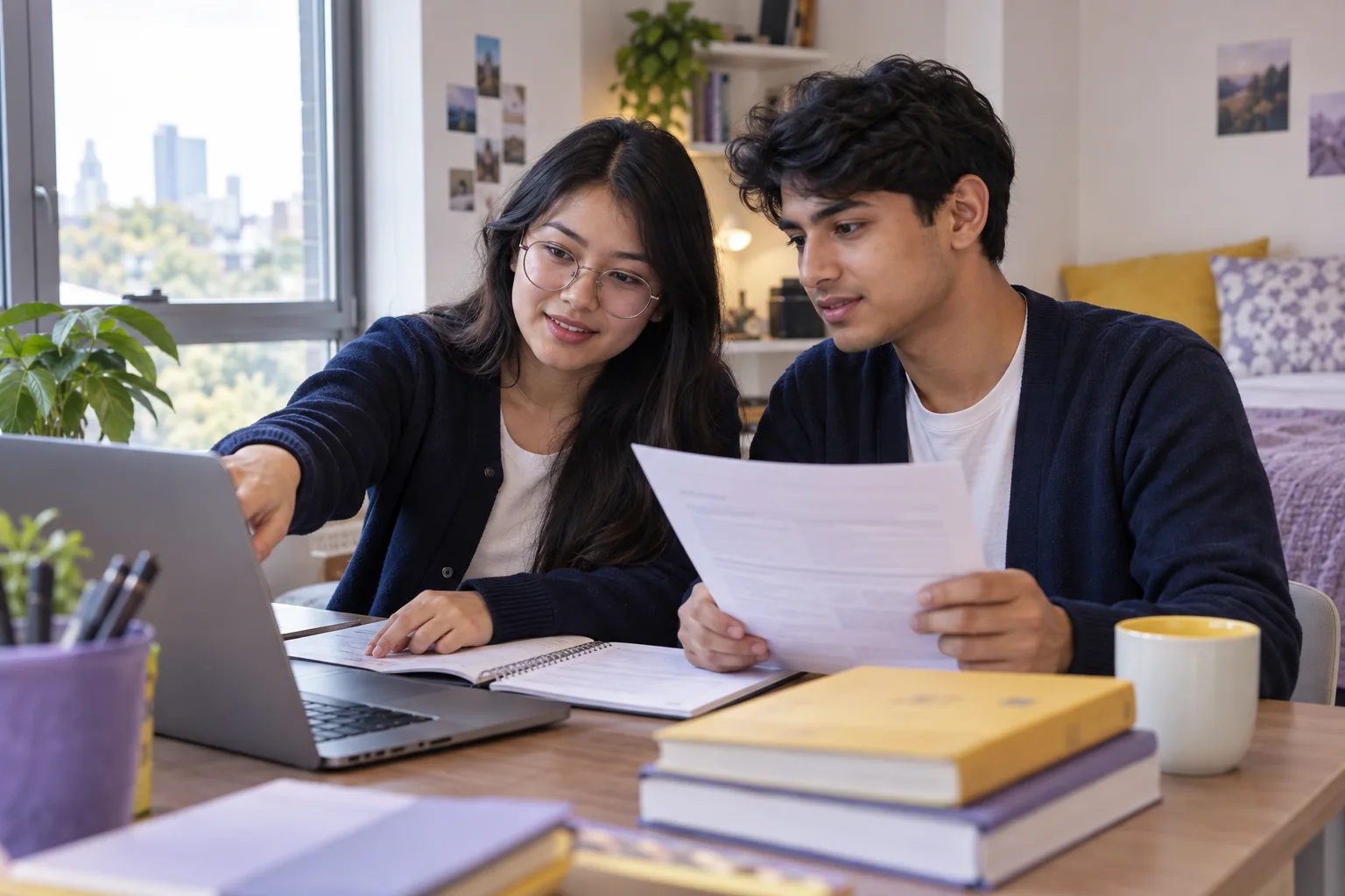 Two Nepali students, one woman and one man comparing a personal study budget worksheet and university tuition information on a laptop for Canada study planning