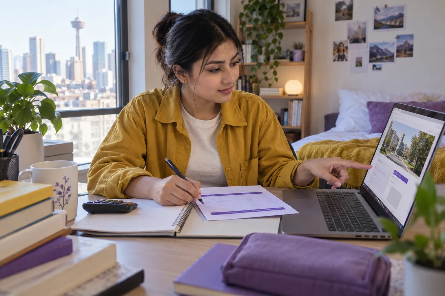 Young Nepali woman with tied-back hair comparing a personal study budget worksheet and university tuition information on a laptop for Canada study planning