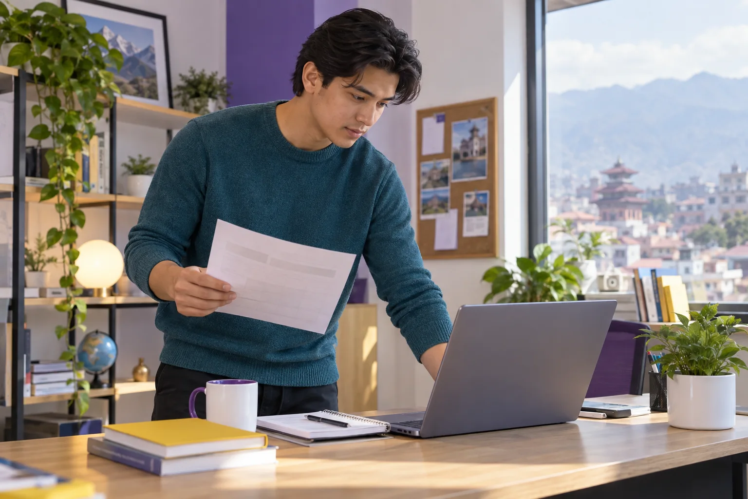Young Nepali man with swept-back hair comparing a personal study budget worksheet and university tuition information on a laptop for Canada study planning