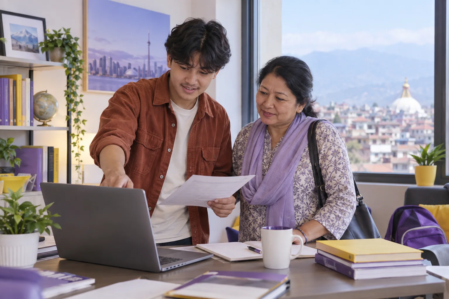 Nepali student discussing plans with a parent comparing a personal study budget worksheet and university tuition information on a laptop for Canada study planning