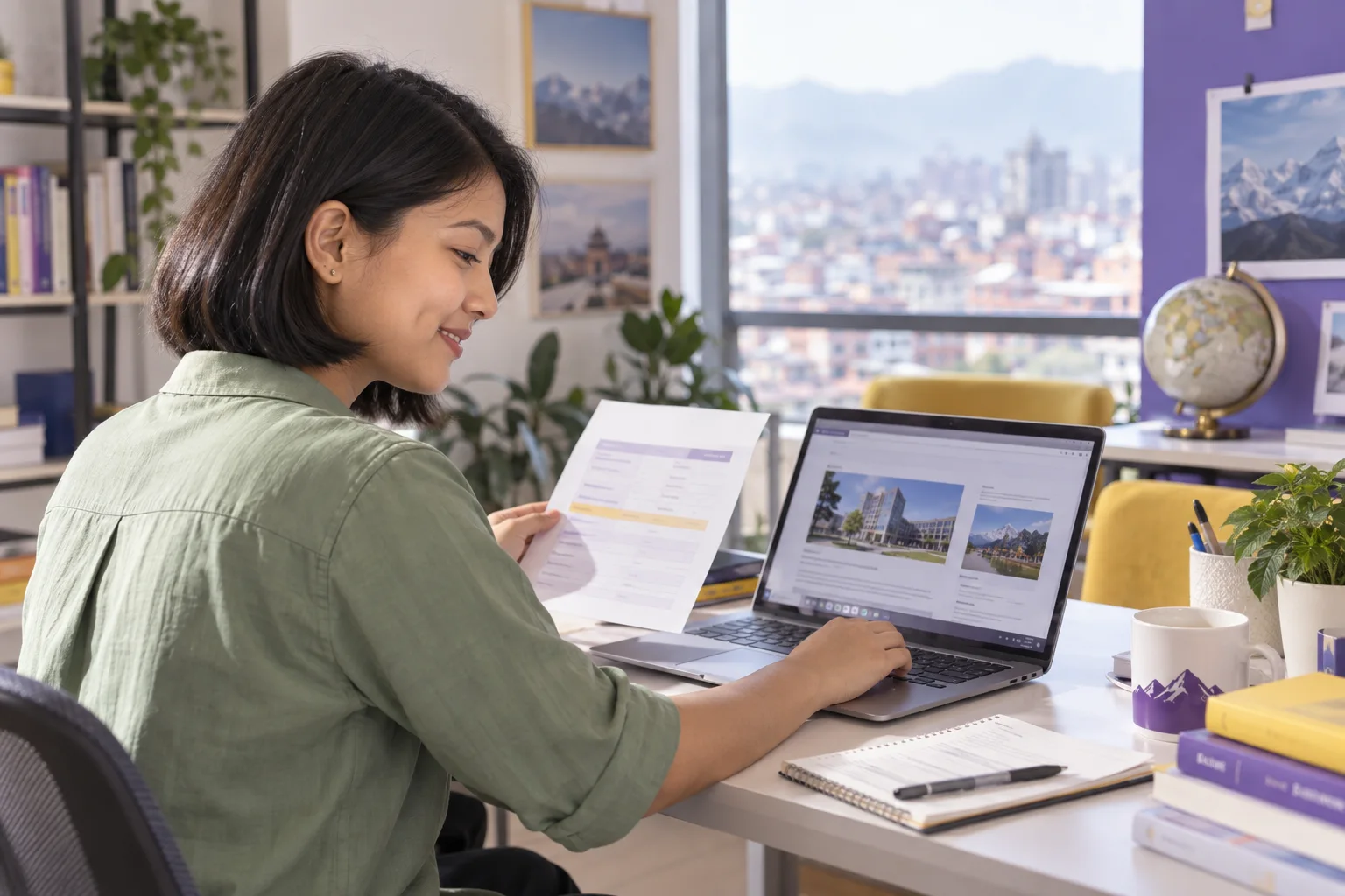 Young Nepali woman with a short bob comparing a personal study budget worksheet and university tuition information on a laptop for Canada study planning