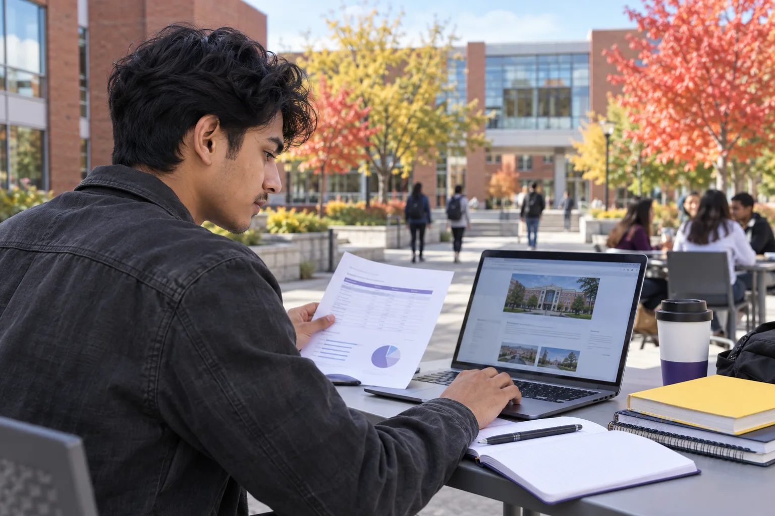 Young Nepali man with wavy hair comparing a personal study budget worksheet and university tuition information on a laptop for Canada study planning