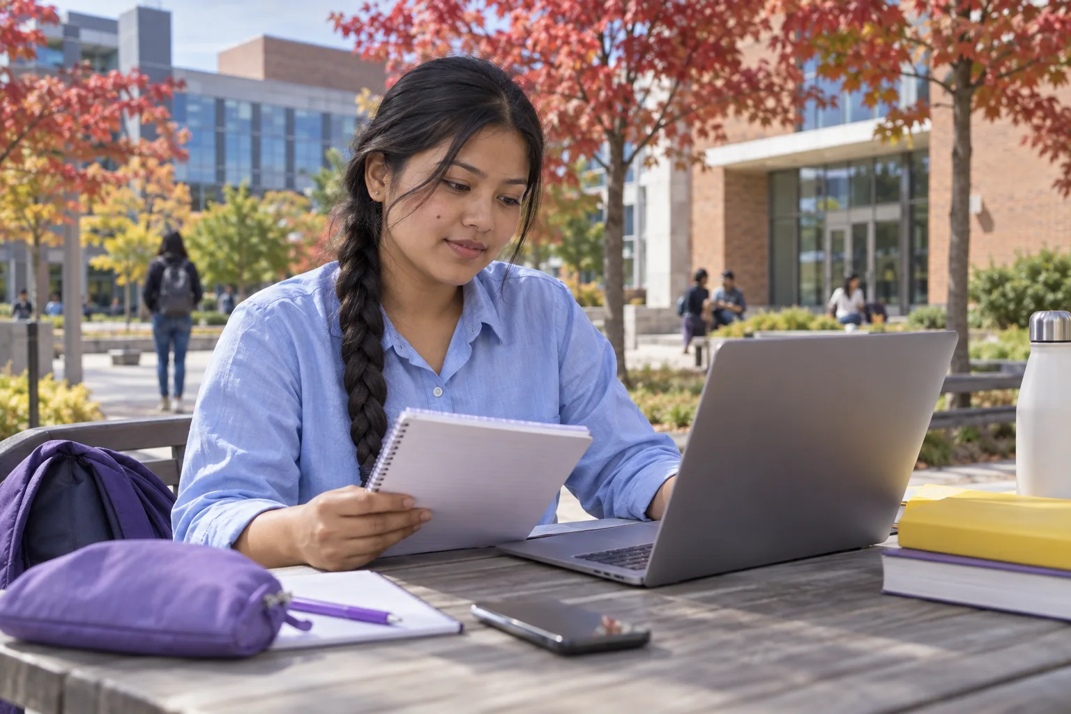 Young Nepali woman with a long braid comparing a personal study budget worksheet and university tuition information on a laptop for Canada study planning