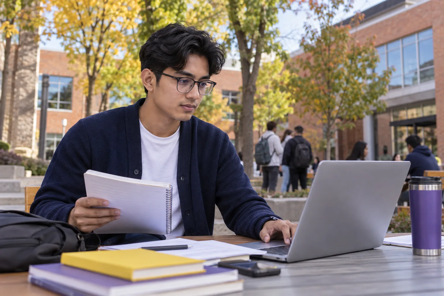 Young Nepali man with glasses comparing a personal study budget worksheet and university tuition information on a laptop for Canada study planning