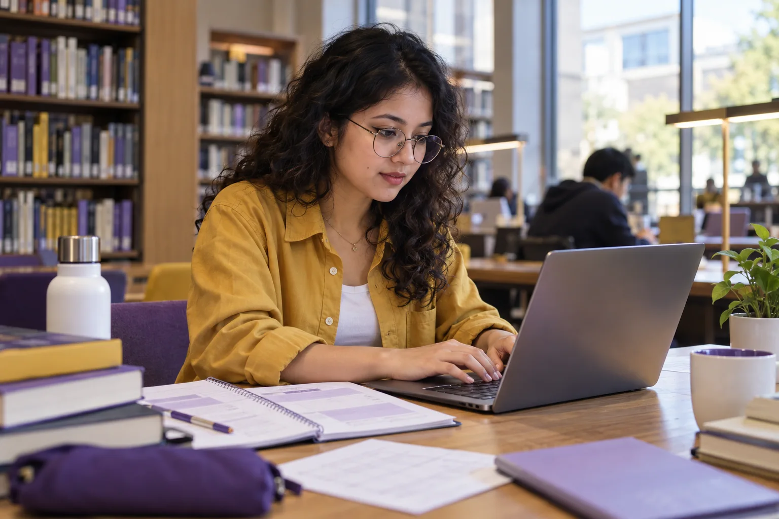 Young Nepali woman with curly hair comparing a personal study budget worksheet and university tuition information on a laptop for Canada study planning