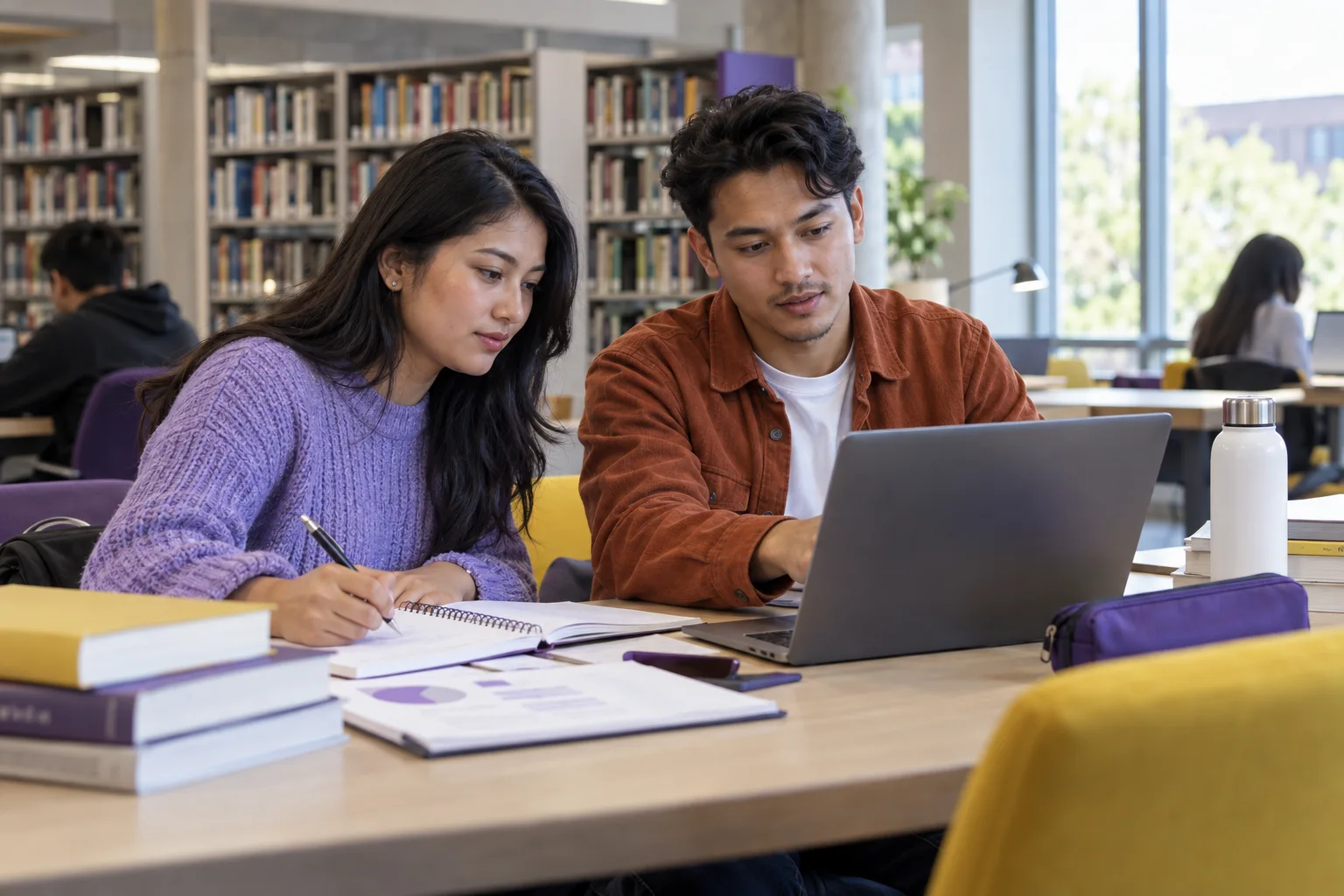 Two Nepali students, one woman and one man comparing a personal study budget worksheet and university tuition information on a laptop for Canada study planning