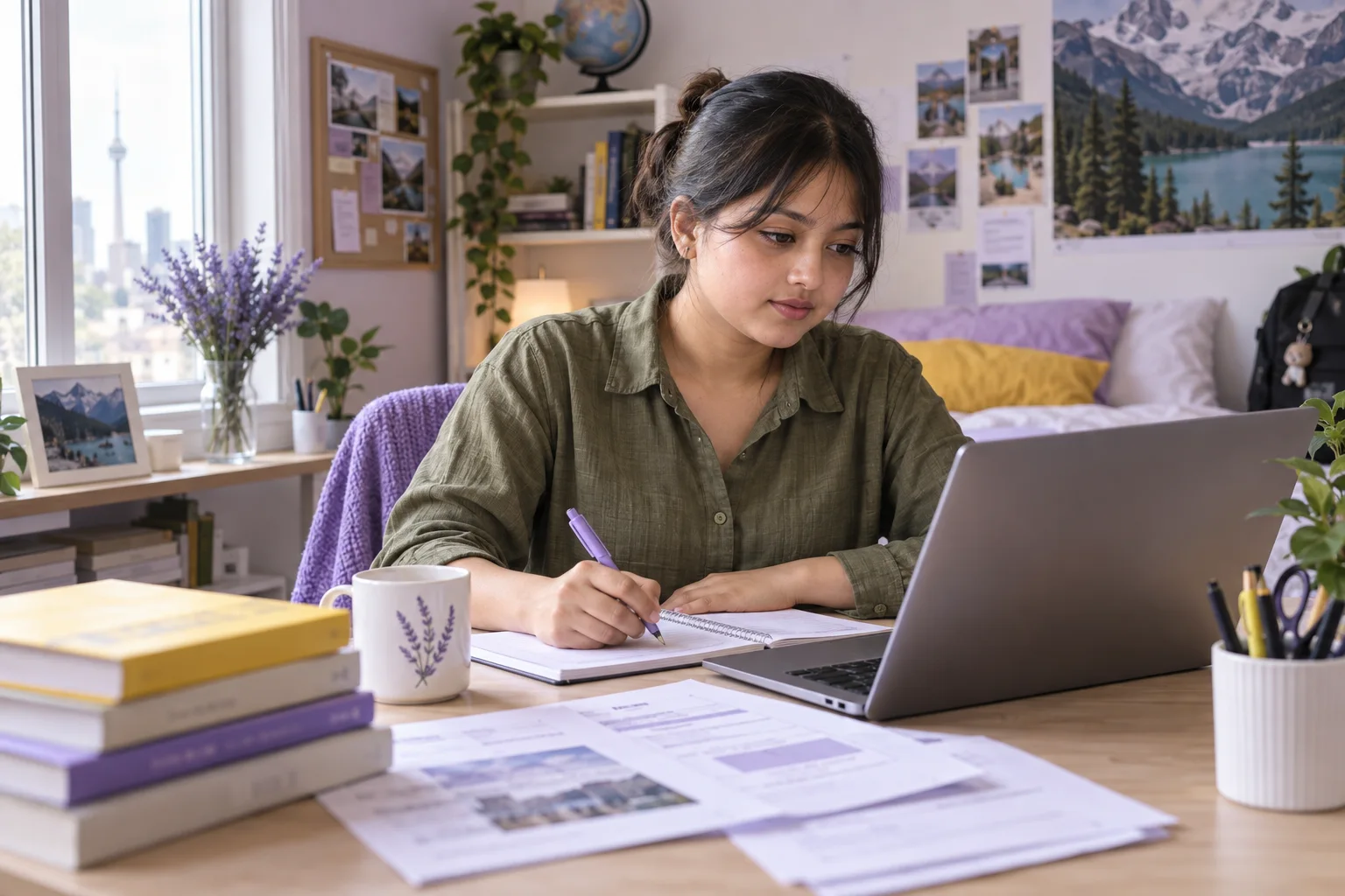 Young Nepali woman with tied-back hair comparing a personal study budget worksheet and university tuition information on a laptop for Canada study planning