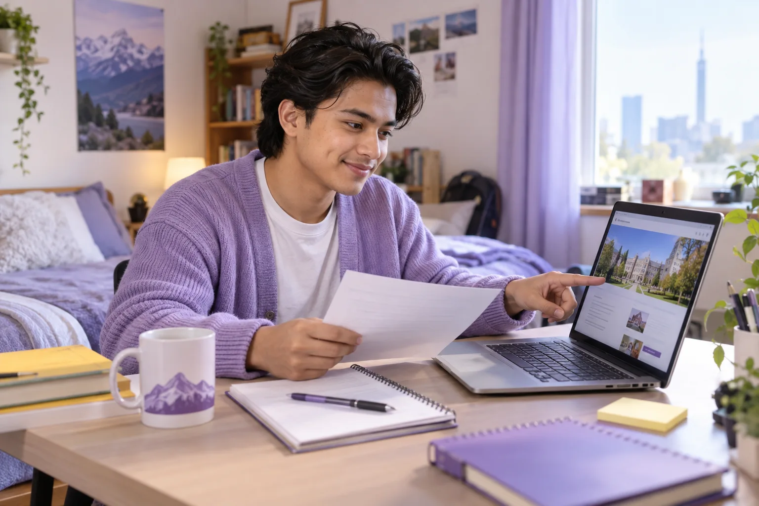 Young Nepali man with swept-back hair comparing a personal study budget worksheet and university tuition information on a laptop for Canada study planning