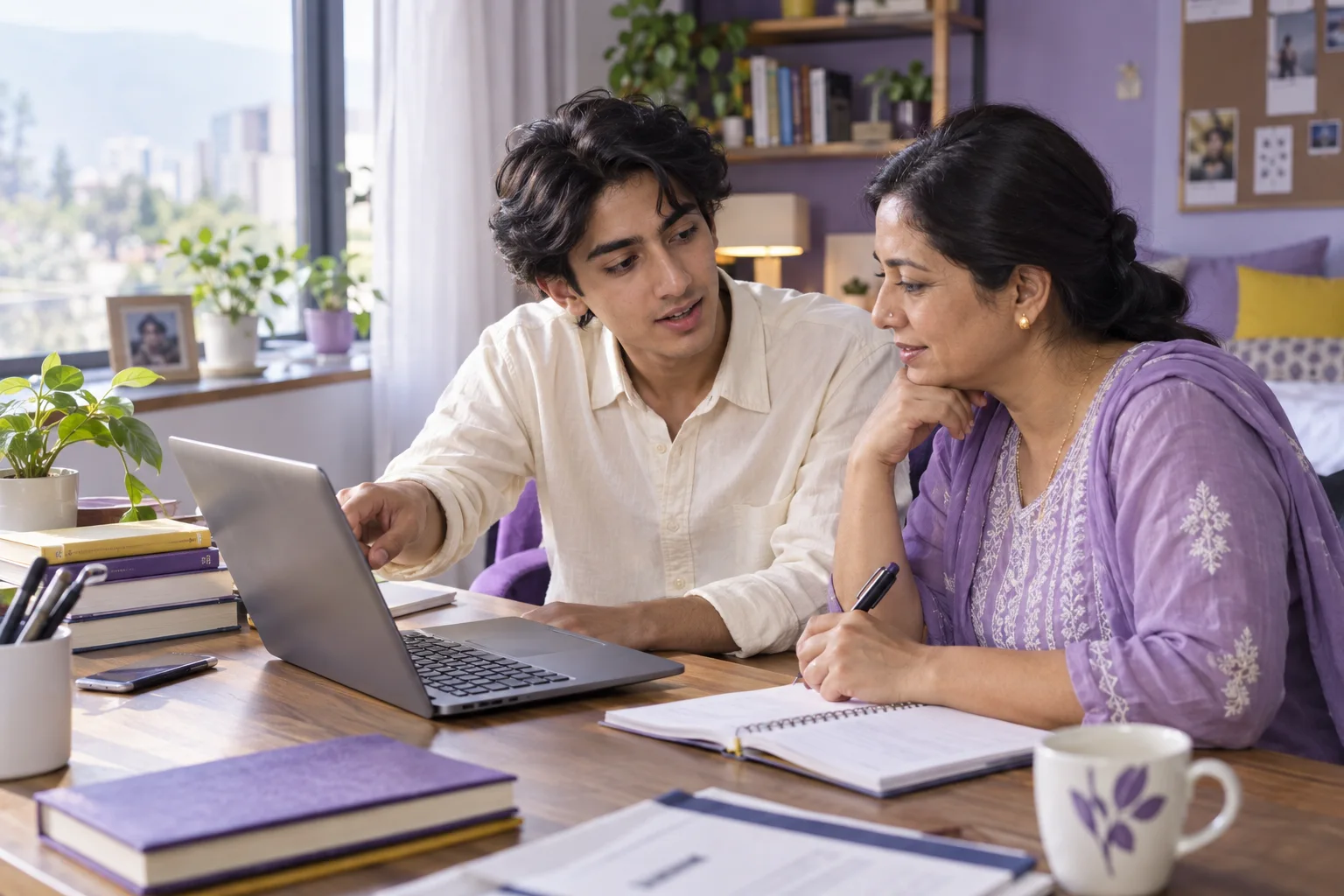 Nepali student discussing plans with a parent comparing Canadian university courses and intake options using a laptop and notebook for Canada study planning