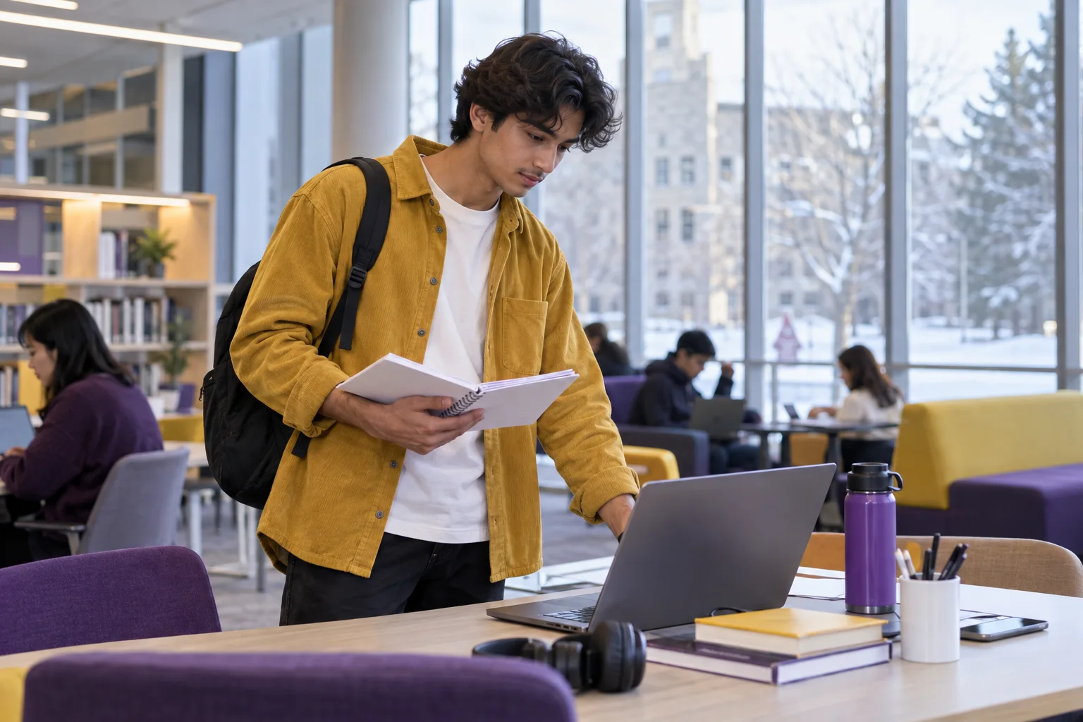 Young Nepali man with wavy hair comparing Canadian university courses and intake options using a laptop and notebook for Canada study planning