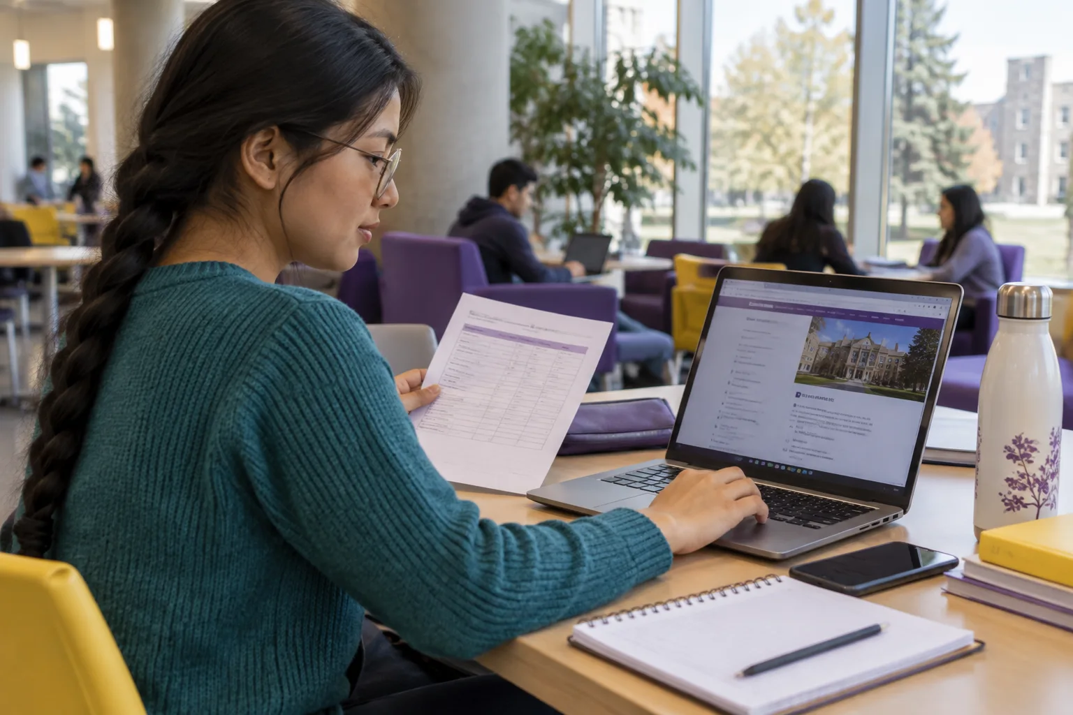 Young Nepali woman with a long braid comparing a personal study budget worksheet and university tuition information on a laptop for Canada study planning