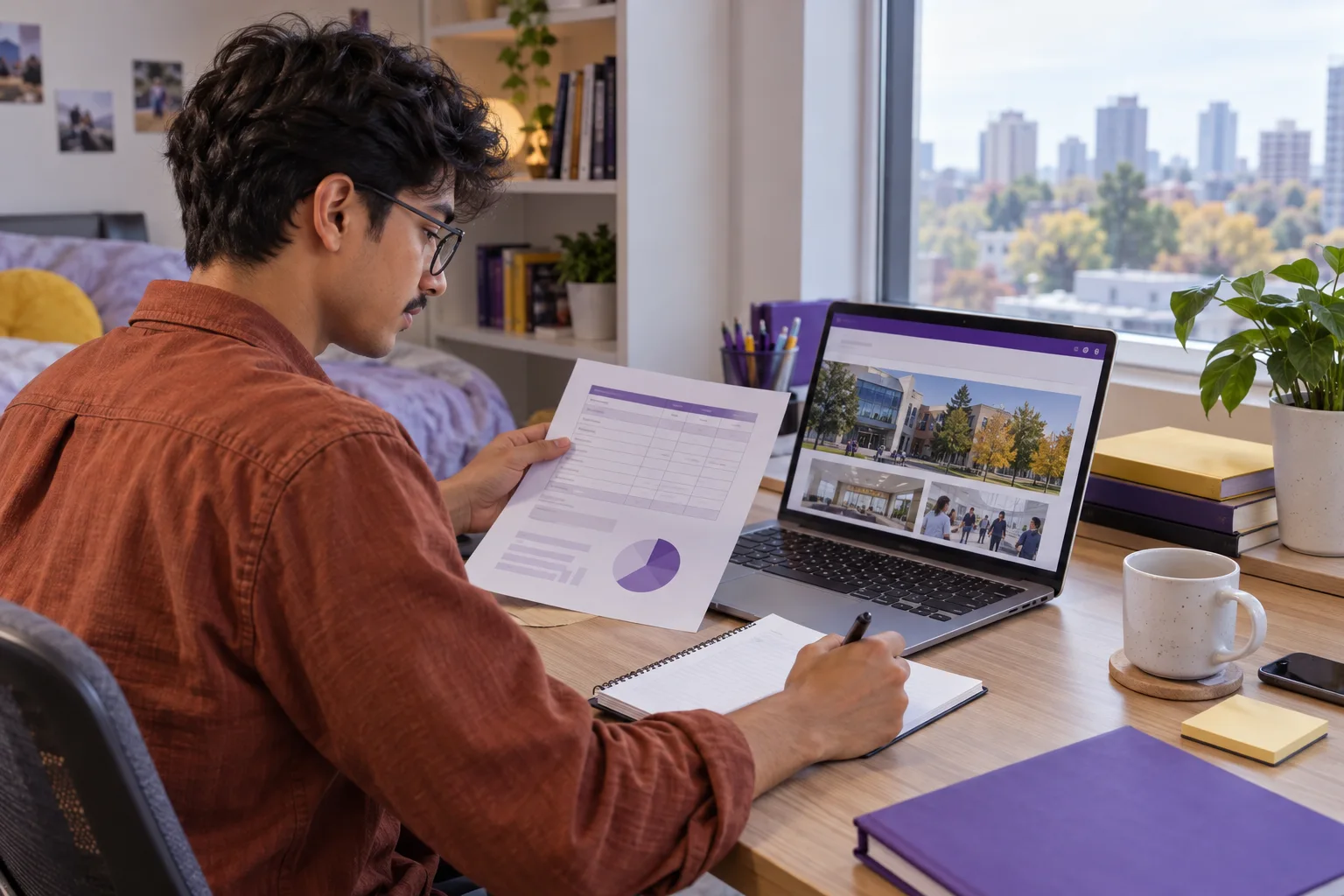 Young Nepali man with glasses comparing a personal study budget worksheet and university tuition information on a laptop for Canada study planning
