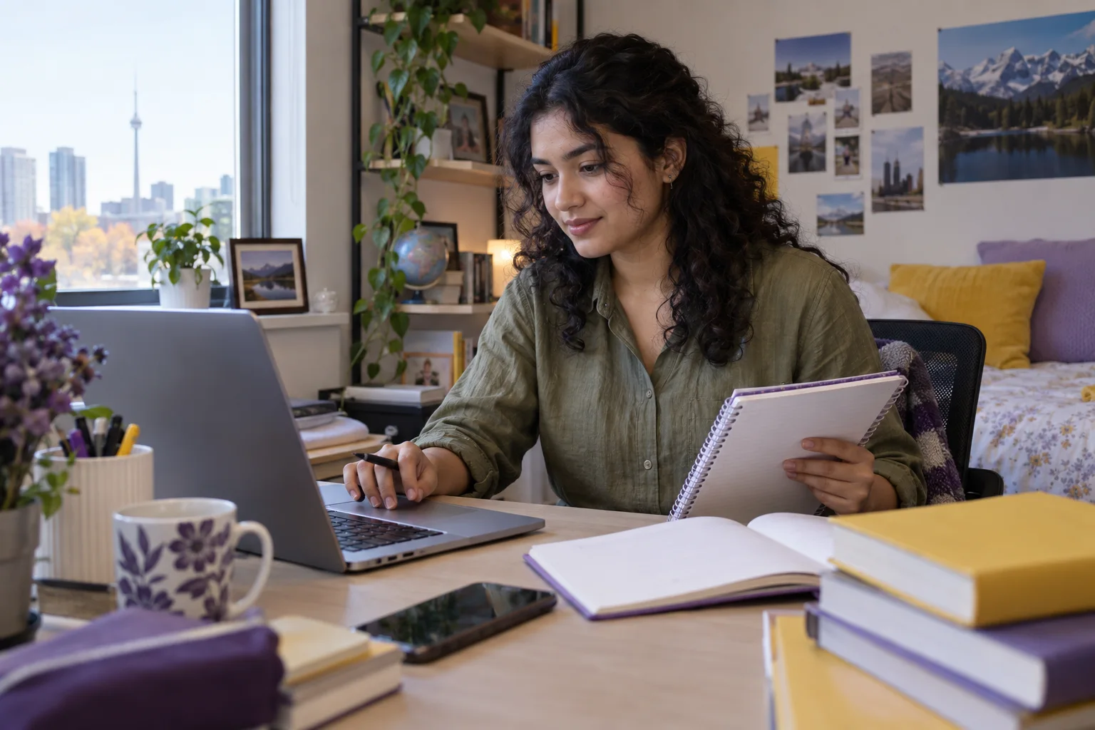Young Nepali woman with curly hair comparing Canadian university courses and intake options using a laptop and notebook for Canada study planning
