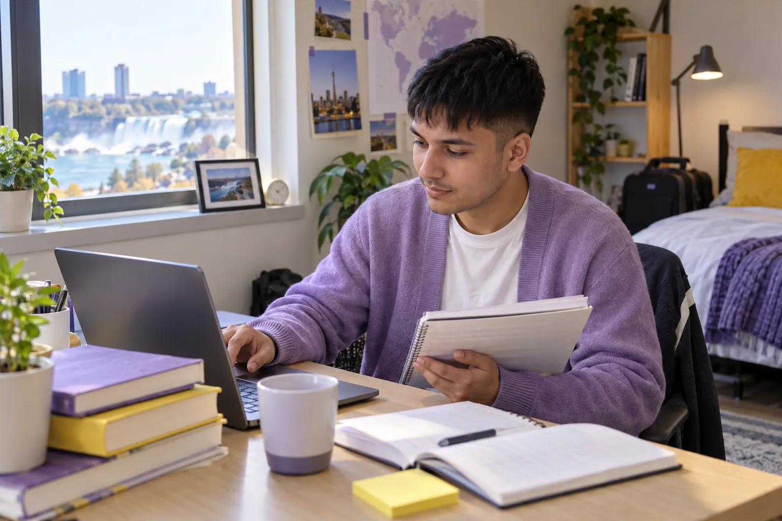 Young Nepali man with cropped hair comparing a personal study budget worksheet and university tuition information on a laptop for Canada study planning