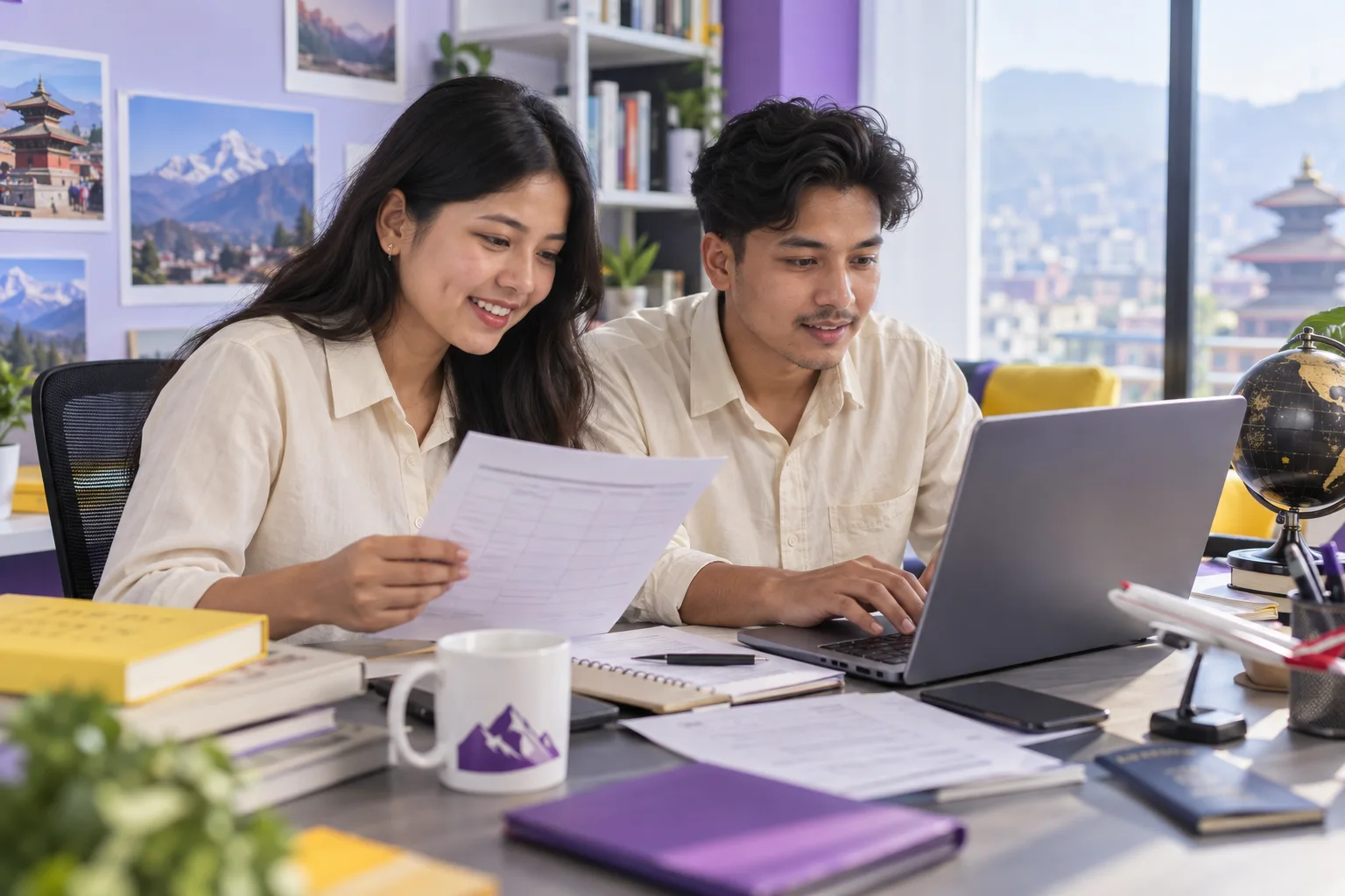 Two Nepali students, one woman and one man comparing a personal study budget worksheet and university tuition information on a laptop for Canada study planning