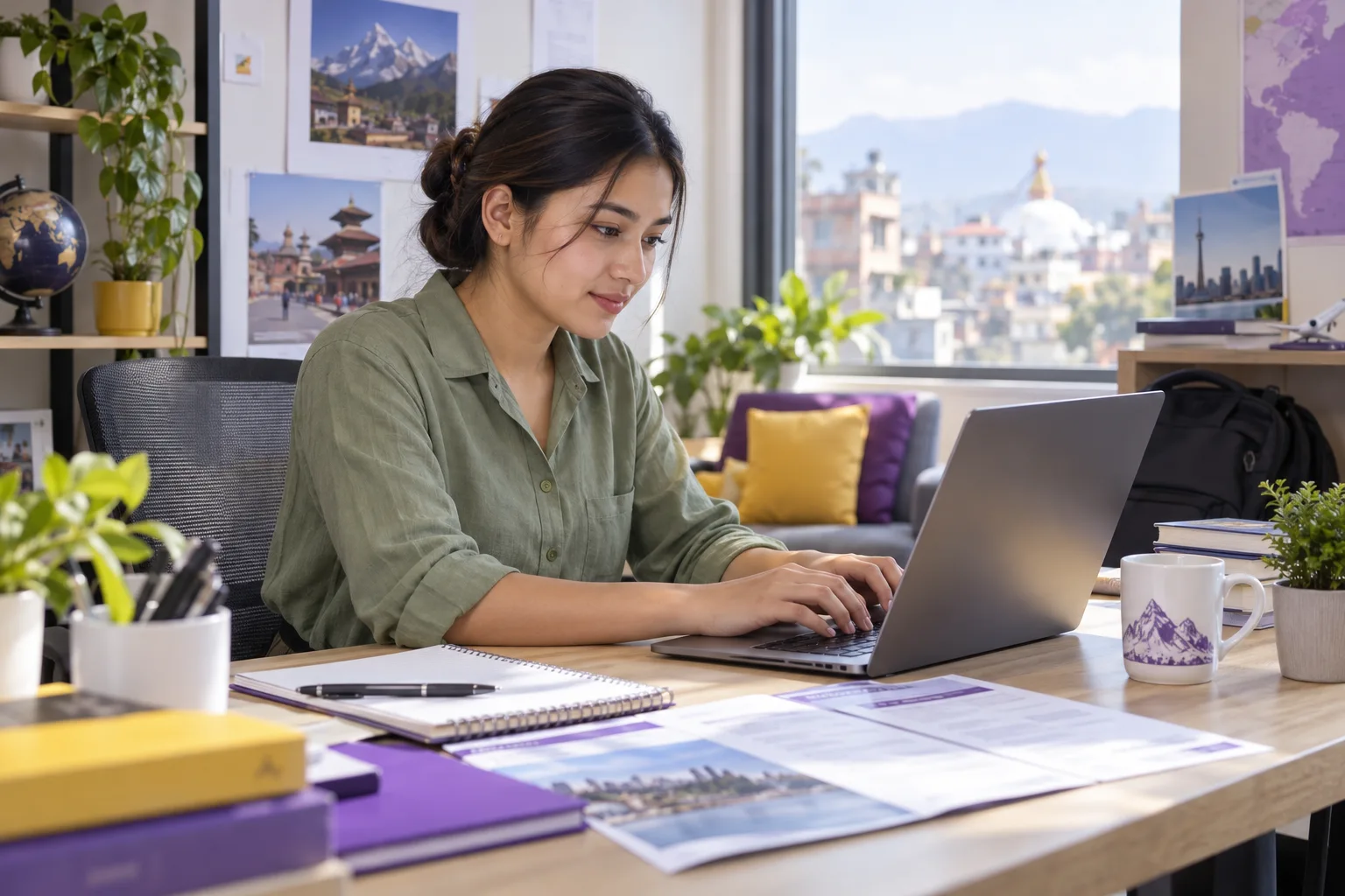 Young Nepali woman with tied-back hair comparing a personal study budget worksheet and university tuition information on a laptop for Canada study planning
