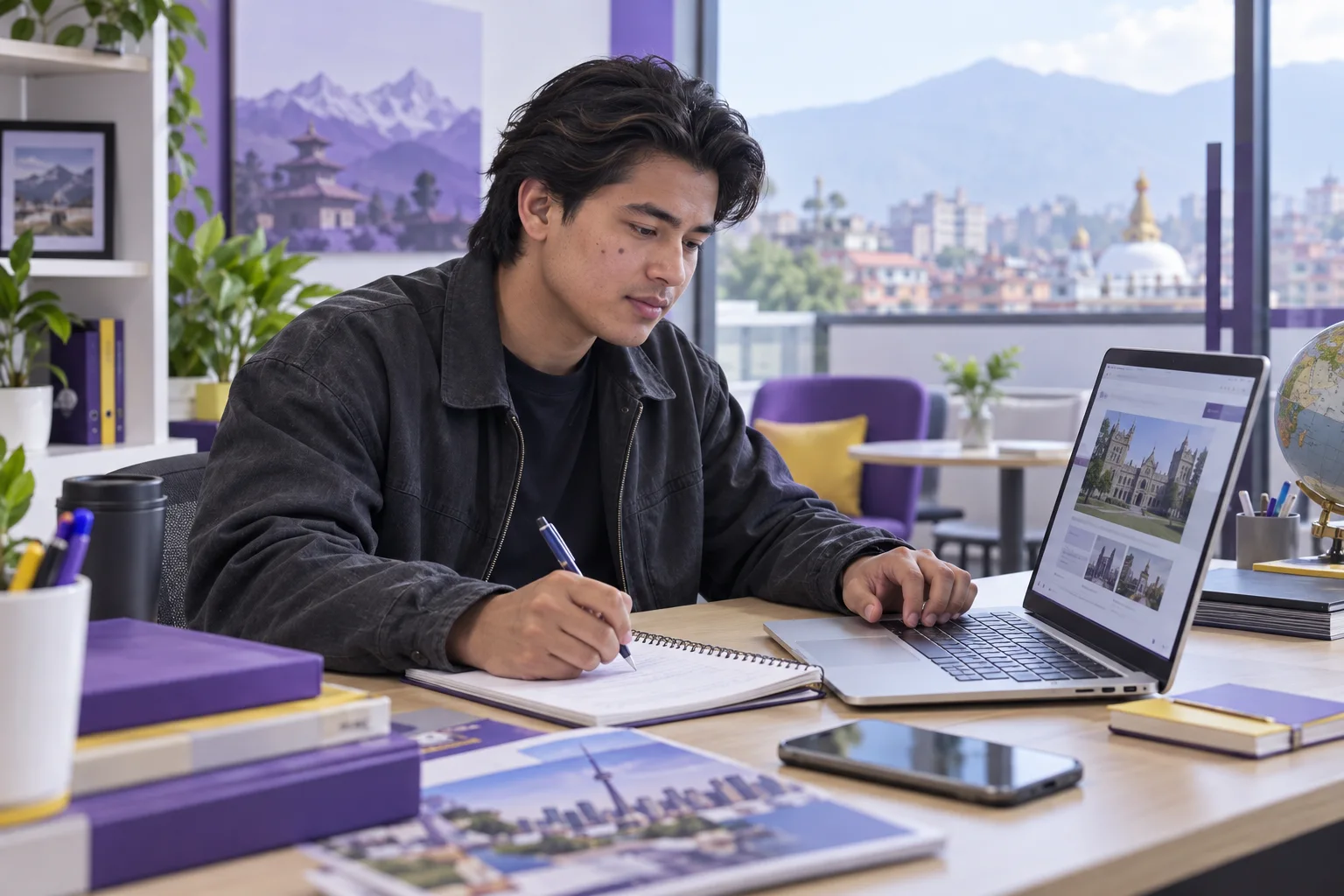 Young Nepali man with swept-back hair comparing a personal study budget worksheet and university tuition information on a laptop for Canada study planning