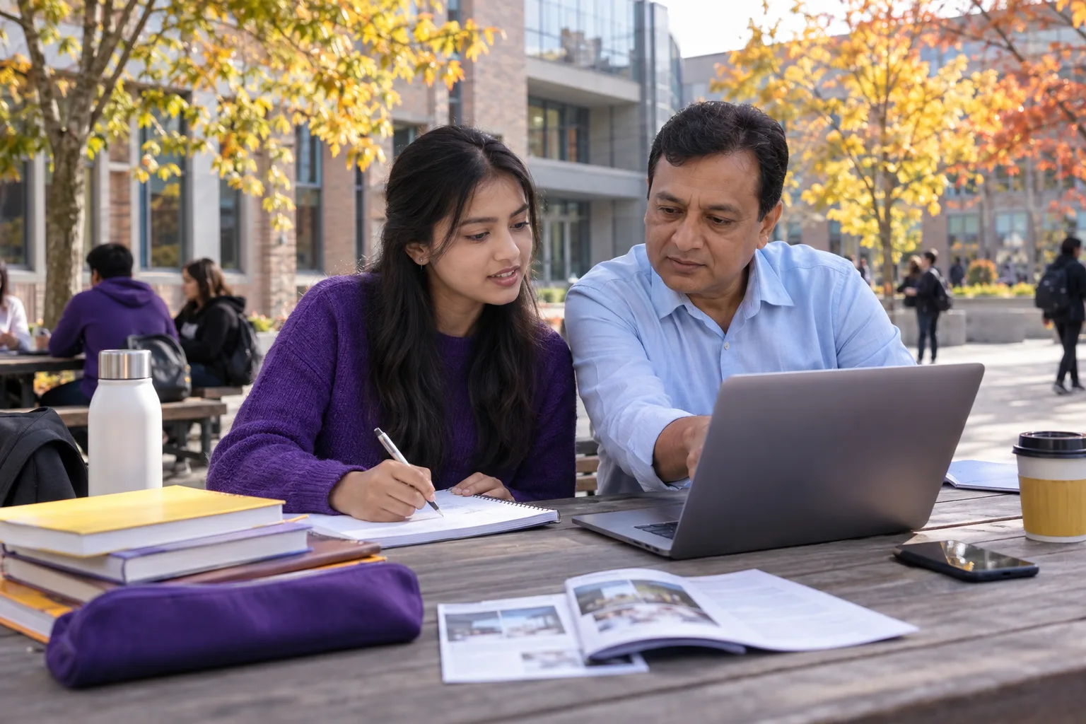 Nepali student discussing plans with a parent comparing a personal study budget worksheet and university tuition information on a laptop for Canada study planning