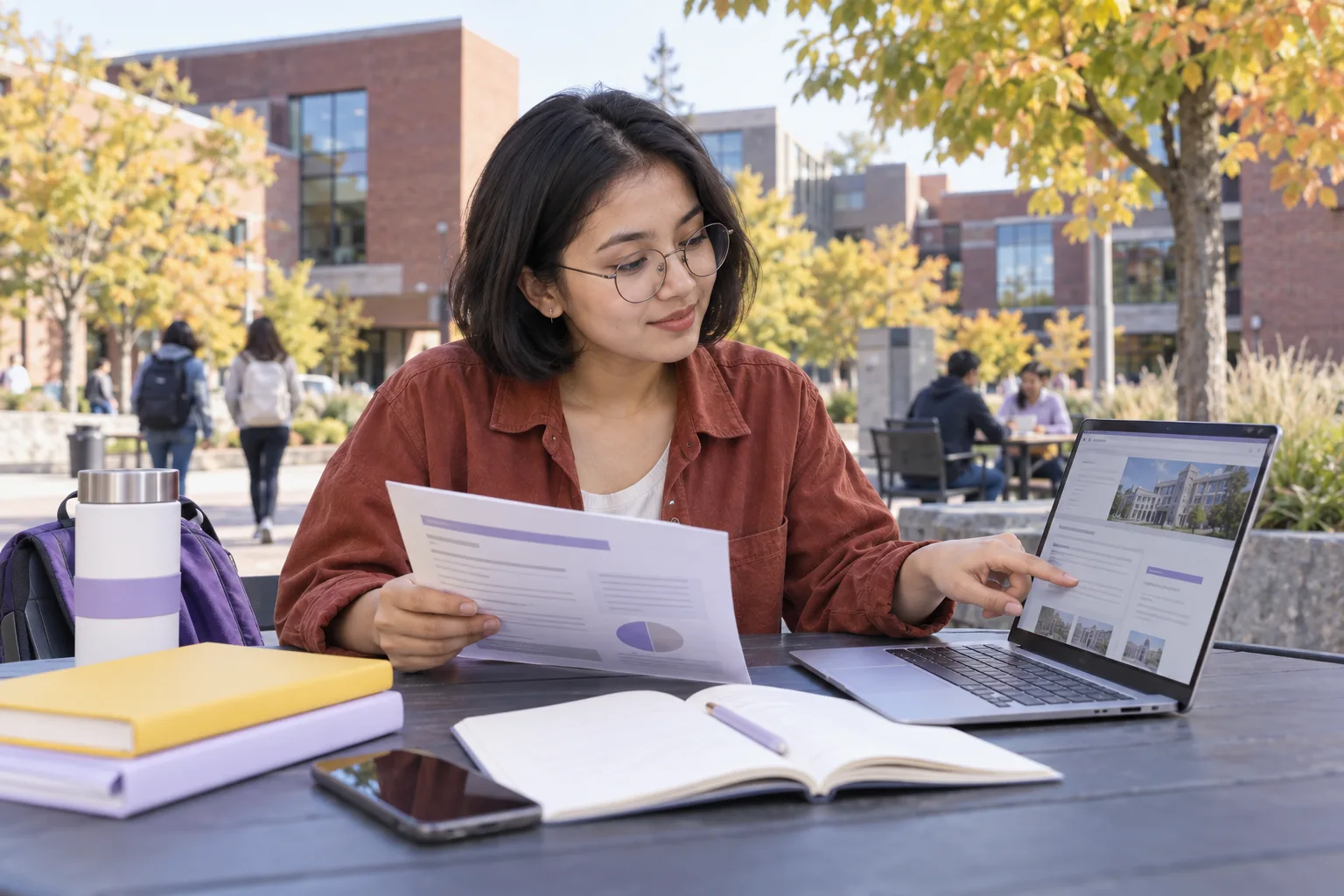 Young Nepali woman with a short bob comparing a personal study budget worksheet and university tuition information on a laptop for Canada study planning