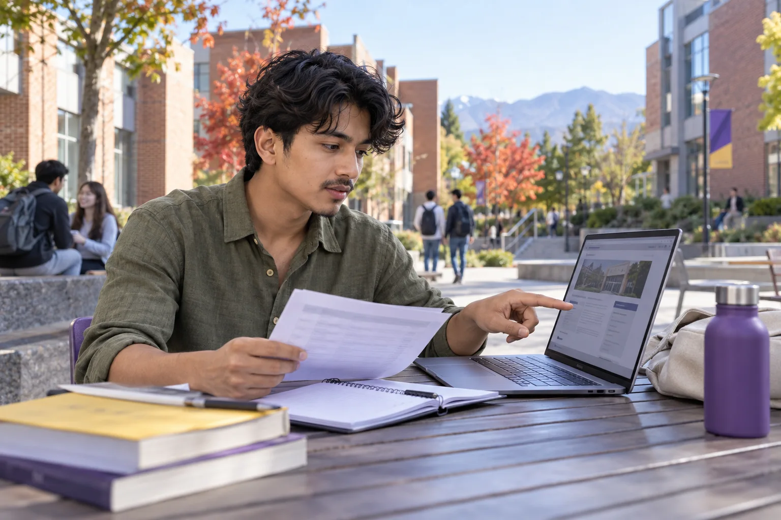 Young Nepali man with wavy hair comparing a personal study budget worksheet and university tuition information on a laptop for Canada study planning