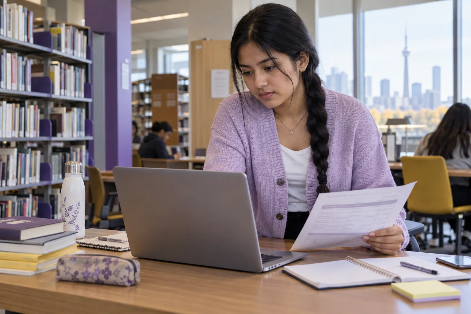 Young Nepali woman with a long braid comparing a personal study budget worksheet and university tuition information on a laptop for Canada study planning