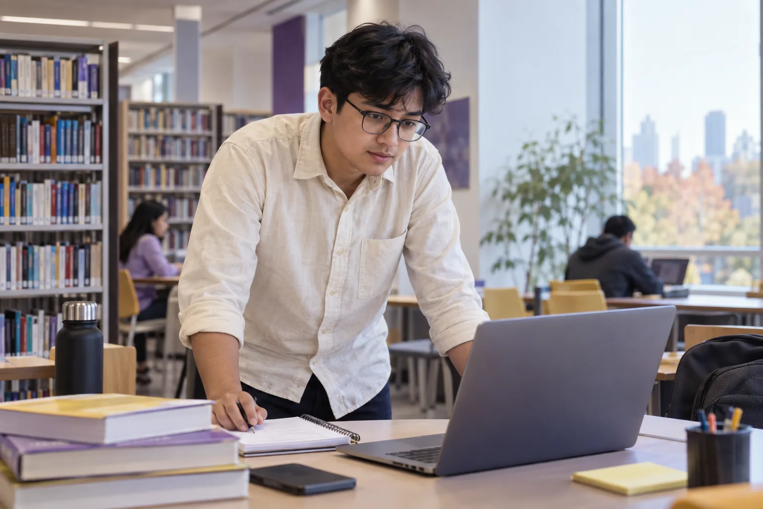 Young Nepali man with glasses comparing Canadian university courses and intake options using a laptop and notebook for Canada study planning
