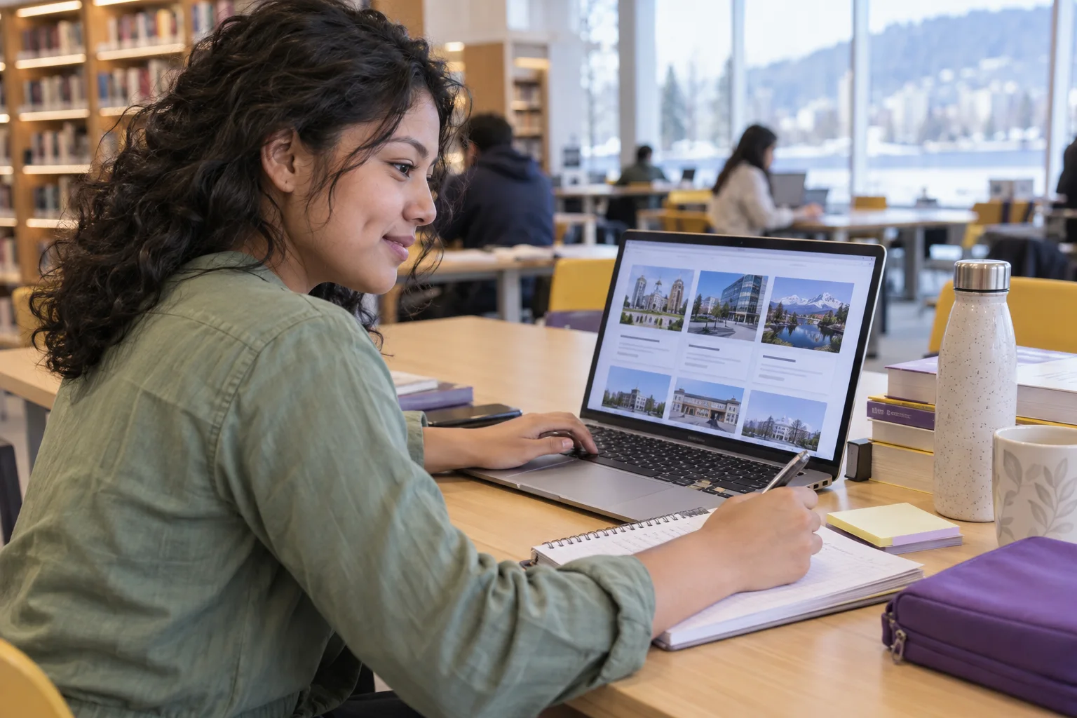 Young Nepali woman with curly hair comparing Canadian university courses and intake options using a laptop and notebook for Canada study planning
