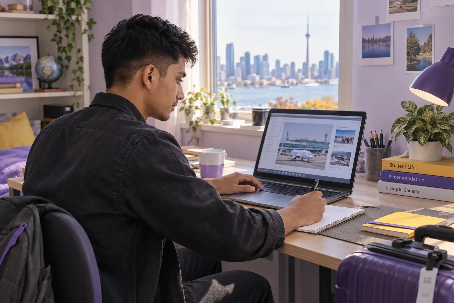 Young Nepali man with cropped hair planning student accommodation and everyday campus life with a notebook and laptop in a welcoming Canada study setting for Canada study planning