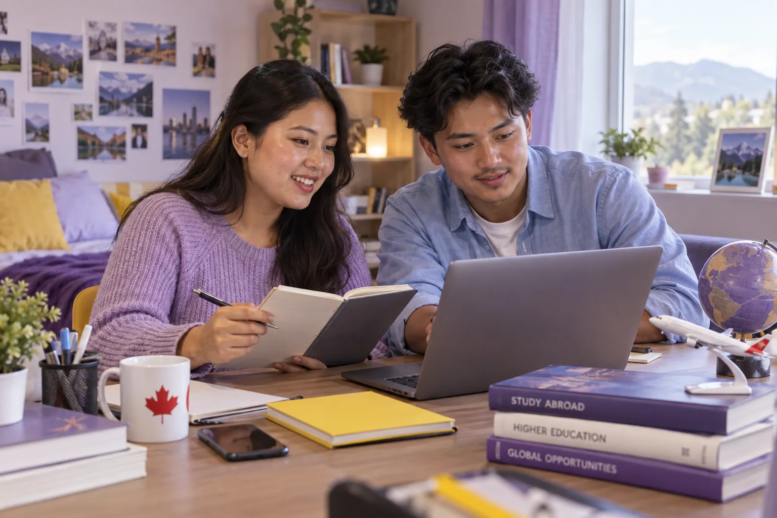 Two Nepali students, one woman and one man comparing Canadian university courses and intake options using a laptop and notebook for Canada study planning