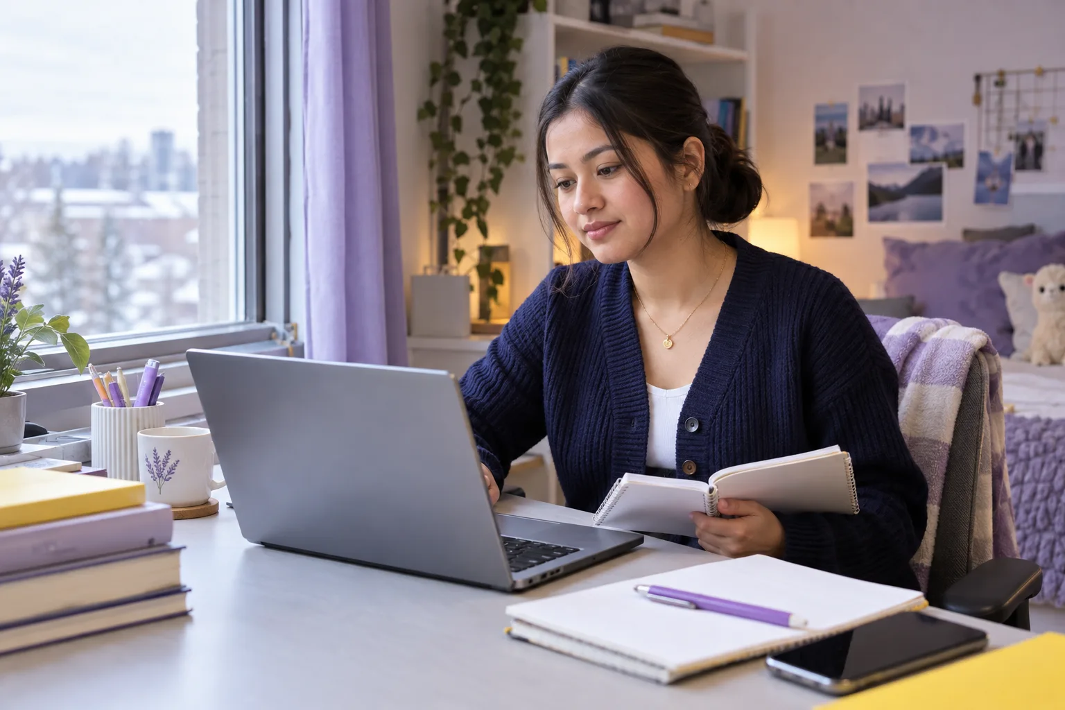 Young Nepali woman with tied-back hair comparing Canadian university courses and intake options using a laptop and notebook for Canada study planning