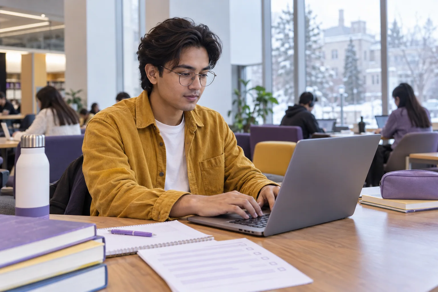 Young Nepali man with swept-back hair reviewing an unbranded study application document checklist with a laptop for Canada study planning