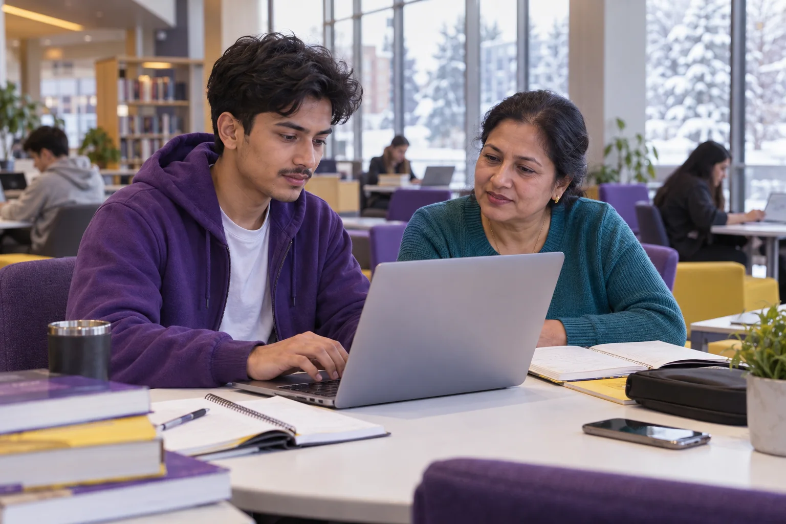 Nepali student discussing plans with a parent comparing Canadian university courses and intake options using a laptop and notebook for Canada study planning