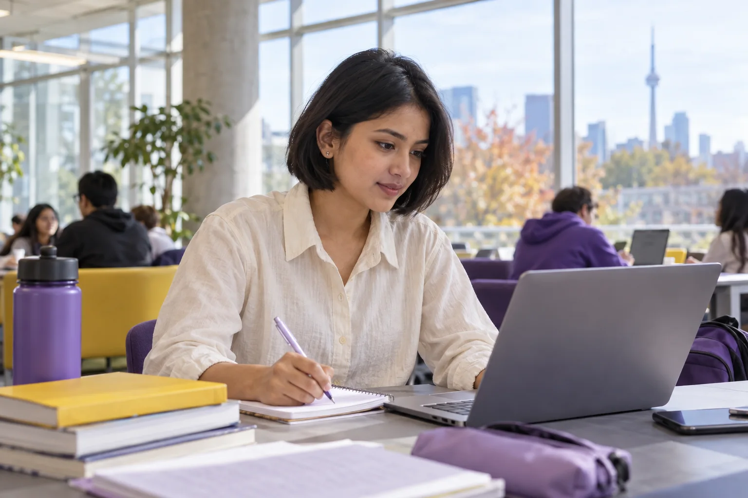 Young Nepali woman with a short bob comparing Canadian university courses and intake options using a laptop and notebook for Canada study planning