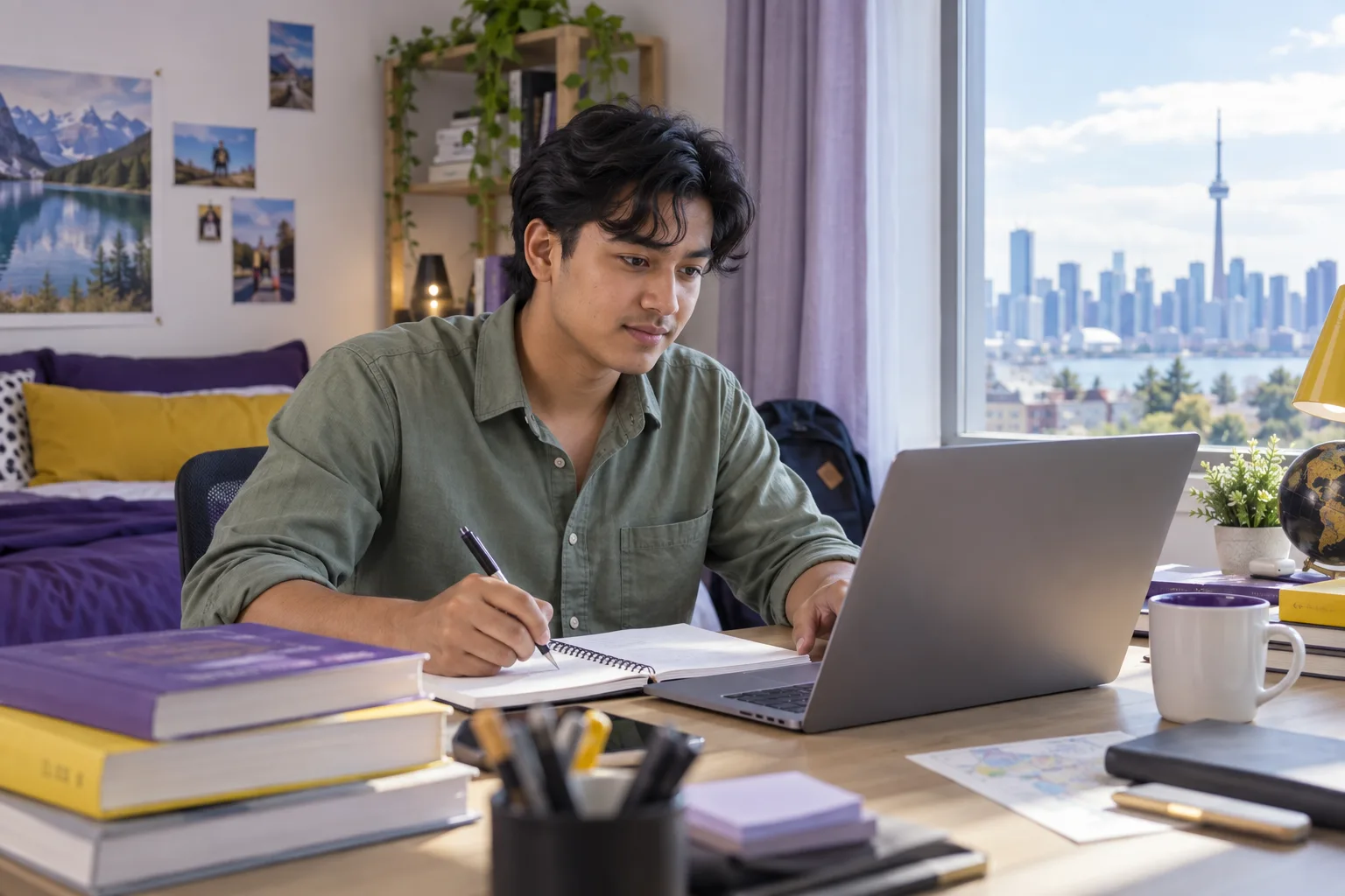 Young Nepali man with wavy hair comparing Canadian university courses and intake options using a laptop and notebook for Canada study planning