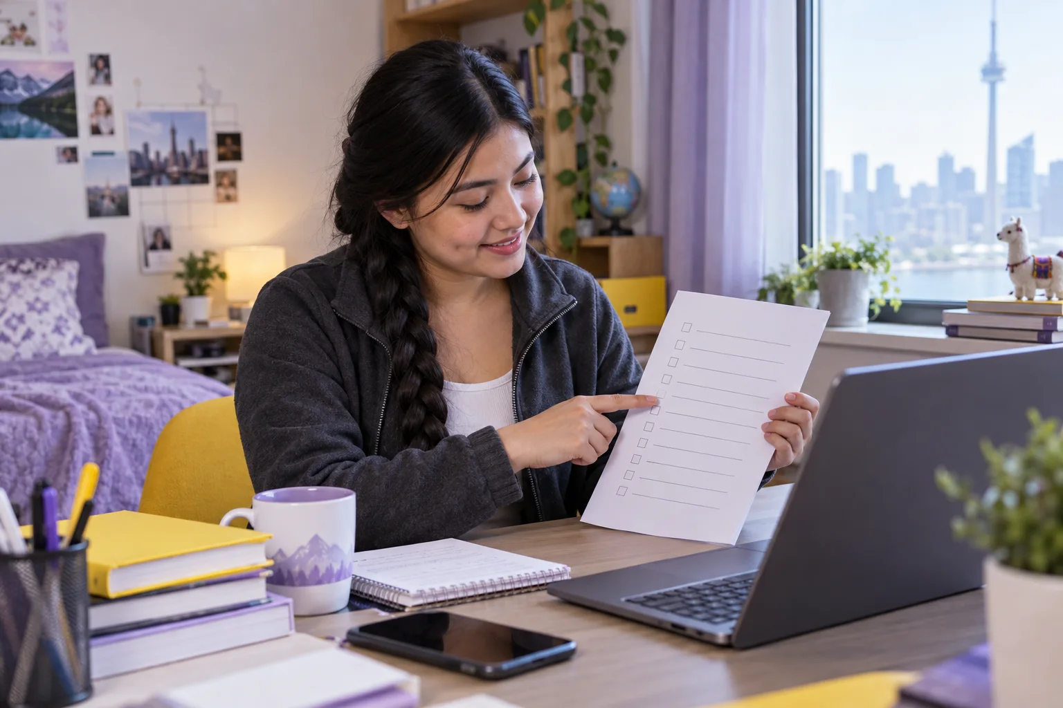 Young Nepali woman with a long braid reviewing an unbranded study application document checklist with a laptop for Canada study planning