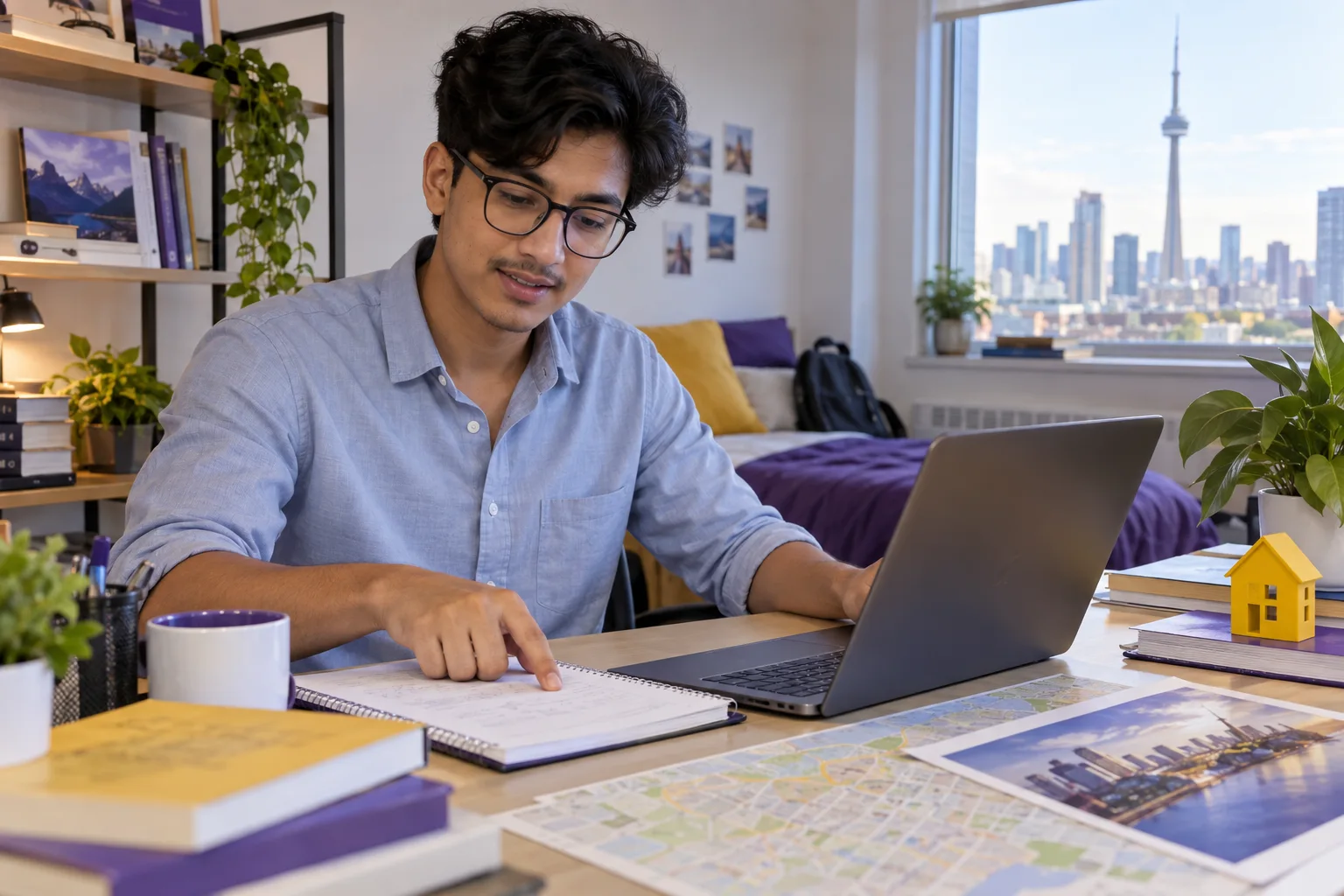 Young Nepali man with glasses planning student accommodation and everyday campus life with a notebook and laptop in a welcoming Canada study setting for Canada study planning