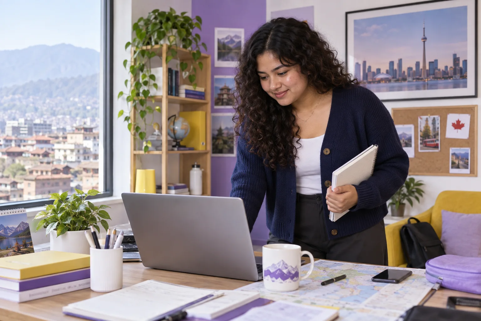 Young Nepali woman with curly hair planning student accommodation and everyday campus life with a notebook and laptop in a welcoming Canada study setting for Canada study planning