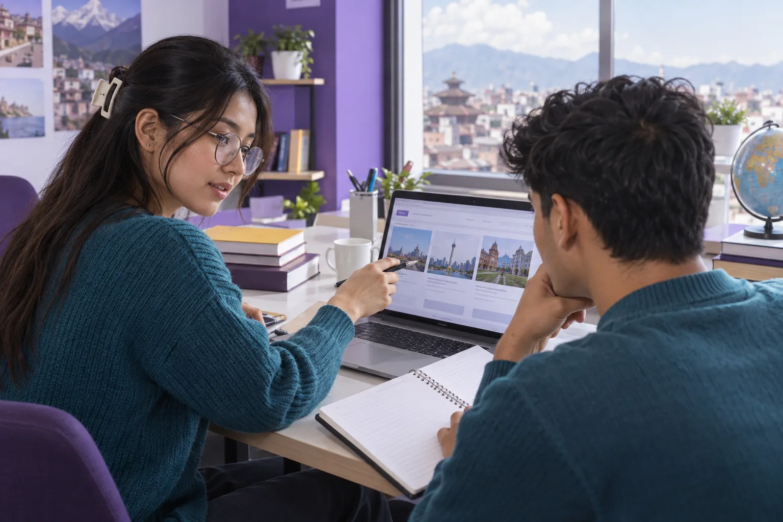 Two Nepali students, one woman and one man comparing Canadian university courses and intake options using a laptop and notebook for Canada study planning